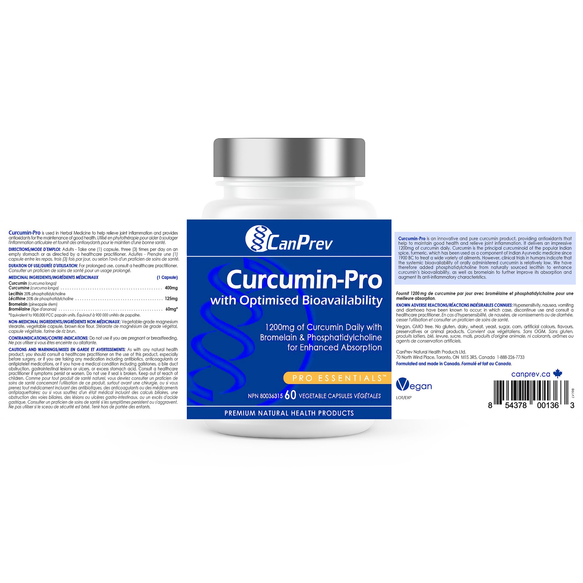 CanPrev Curcumine Pro 60 V-Capsules végétaliennes - 1200mg - Enrichie en phosphatidylcholine et bromélaïne pour une absorption optimale - Un mélange de curcumine de curcuma pour le soutien des articulations