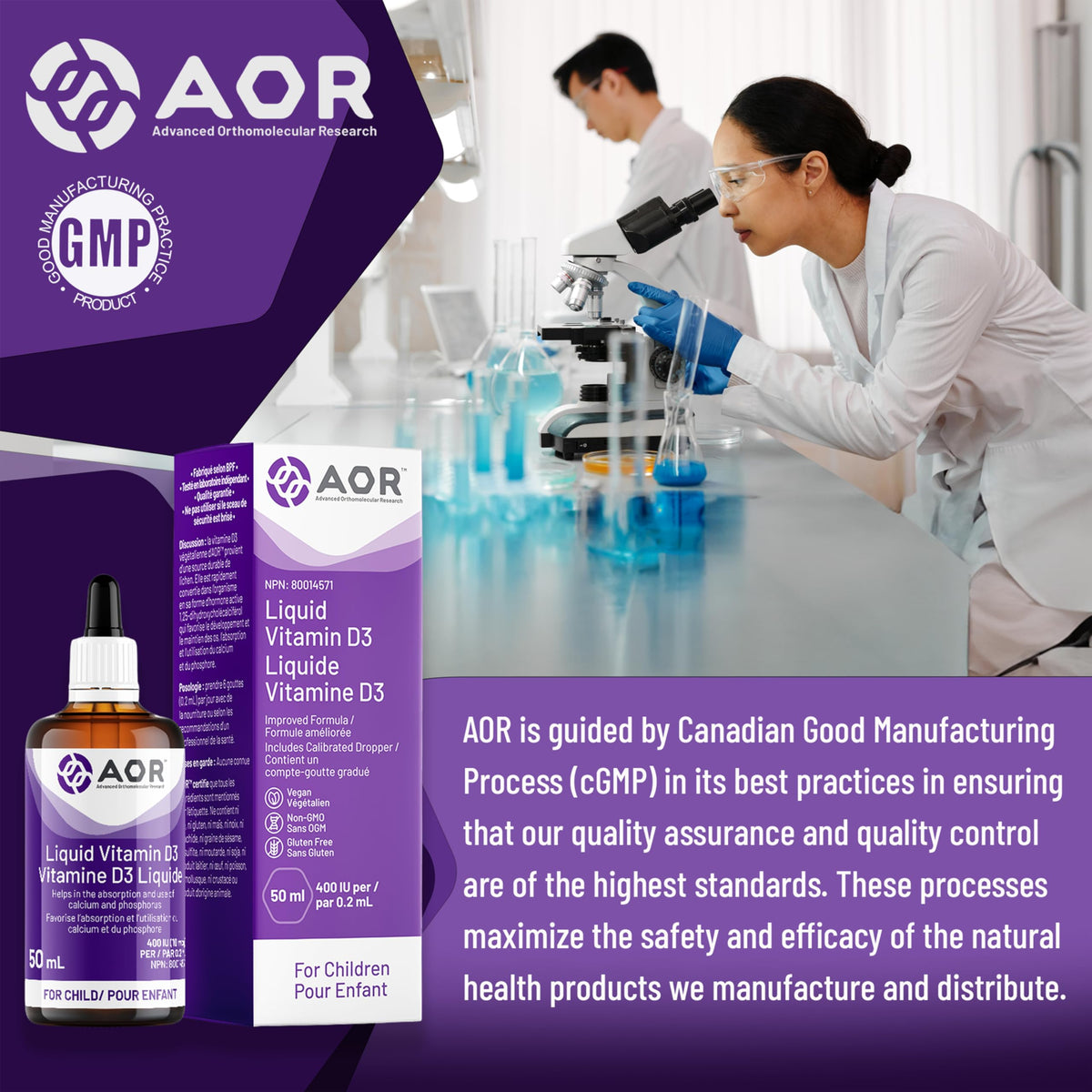 AOR Kids Vitamin D3 Drops, Unflavoured, Vegan, 400 IU, 50 ml, 250 Servings