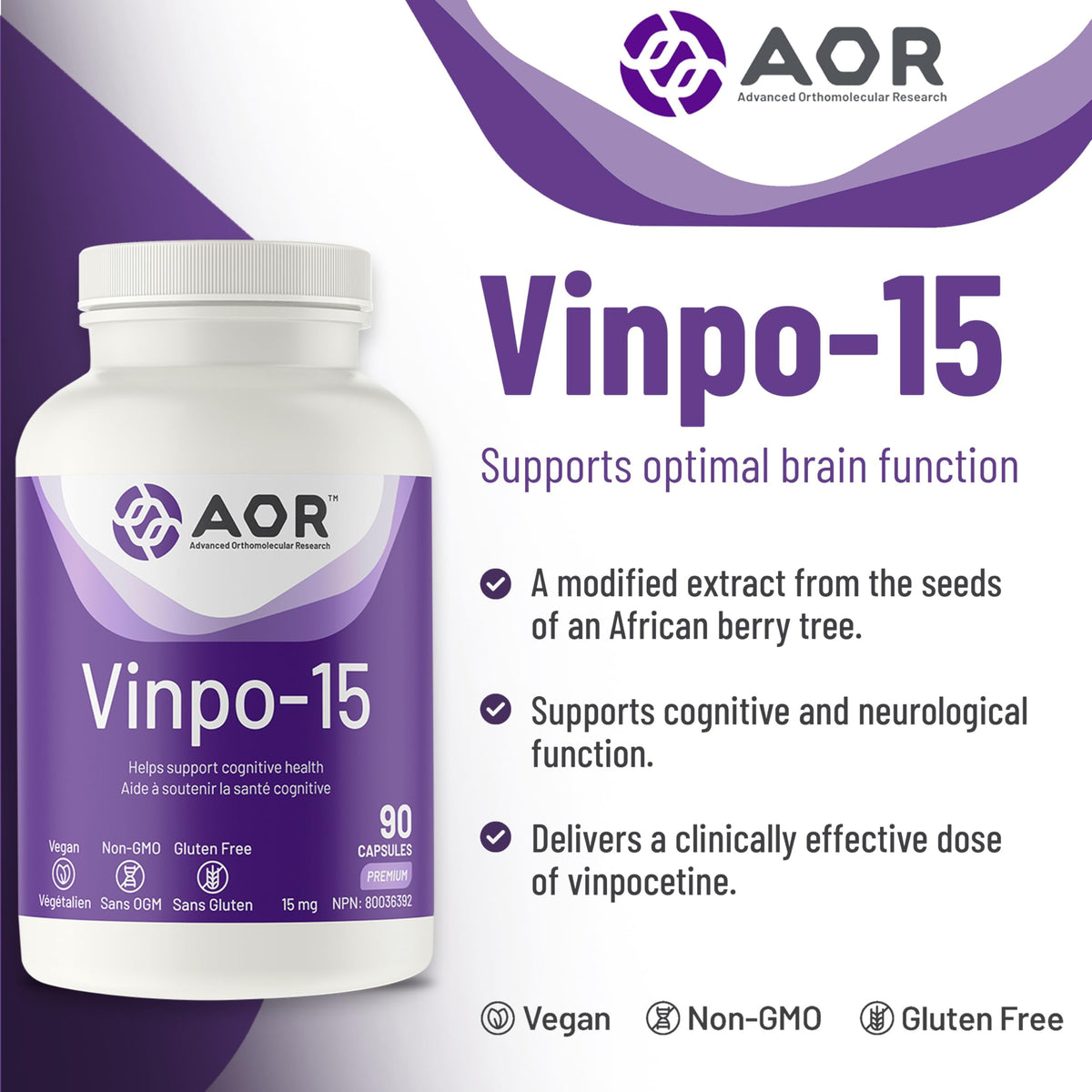 AOR Vinpo-15 Brain & Focus Supplement, Gluten Free, 15 mg, 90 Capsules