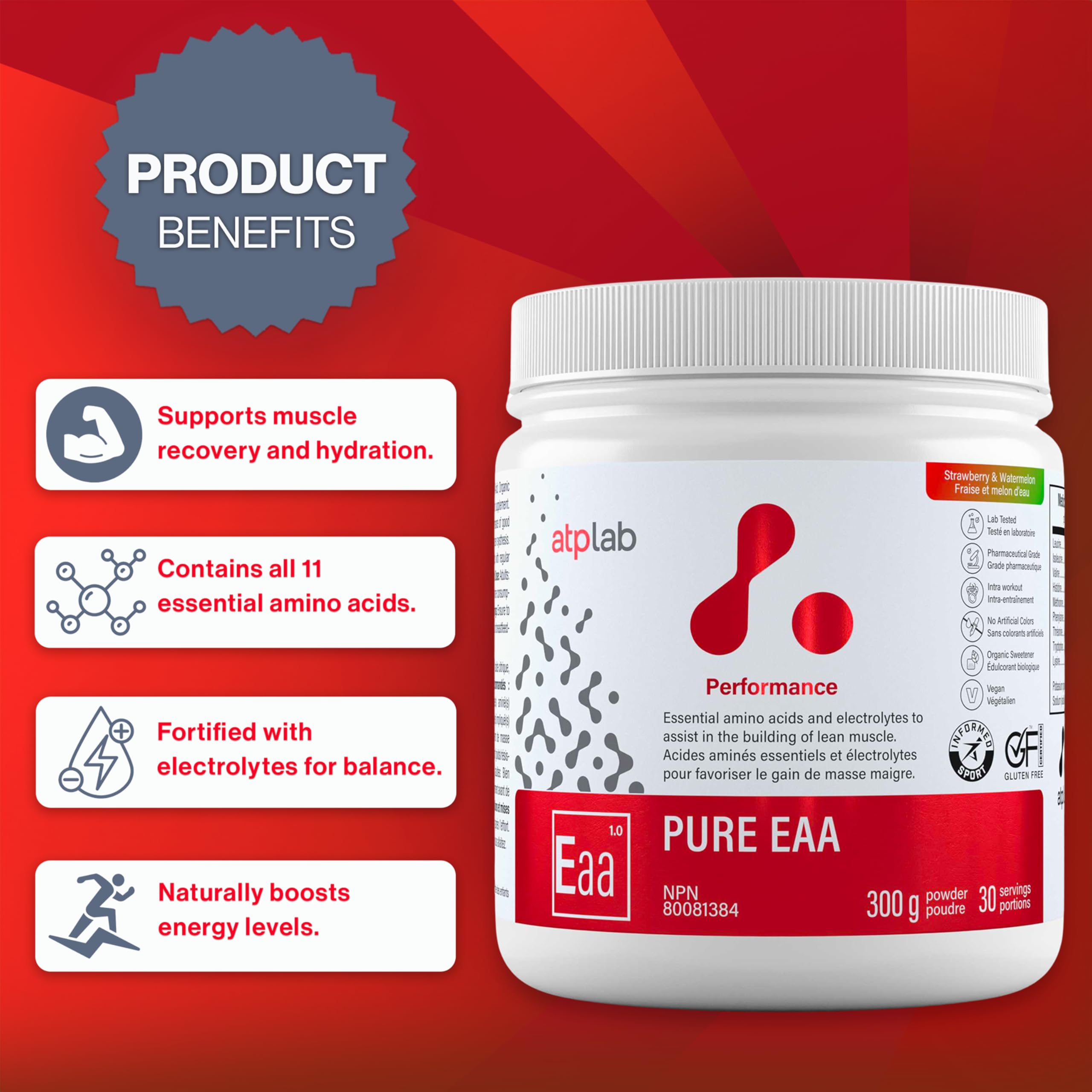 ATP LAB - Pure EAA en Poudre 300g (Saveur Framboise) - Supplément EAA - Poudre d'Acides Aminés Essentiels - Développement Musculaire - Récupération Musculaire