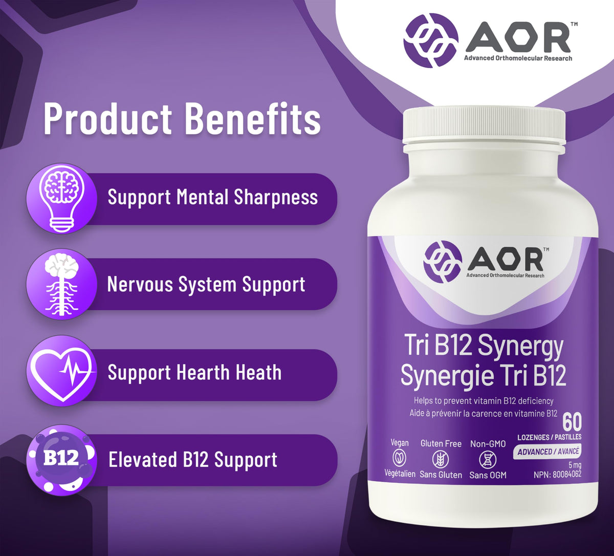 AOR Tri B12 Lozenges, Vitamin B12, Sublingual, 60 Day Supply