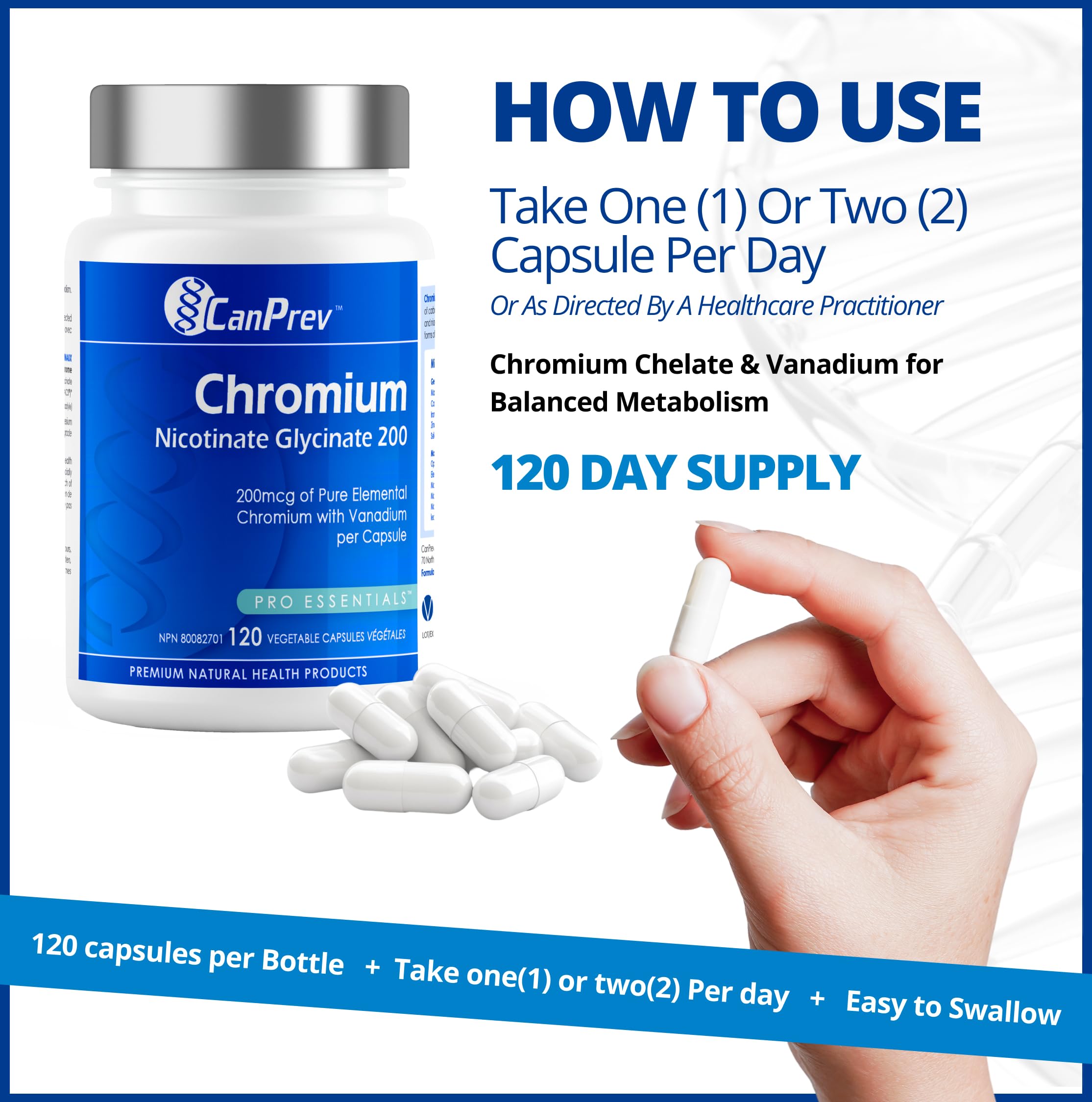 CanPrev Chrome Nicotinate Glycinate 200, 120 V-Caps, pour 60 jours - Chrome avec mélange de Glycine et Niacine, Soutient le métabolisme équilibré du glucose, Aide à réduire les envies de sucre - Végétalien et sans OGM