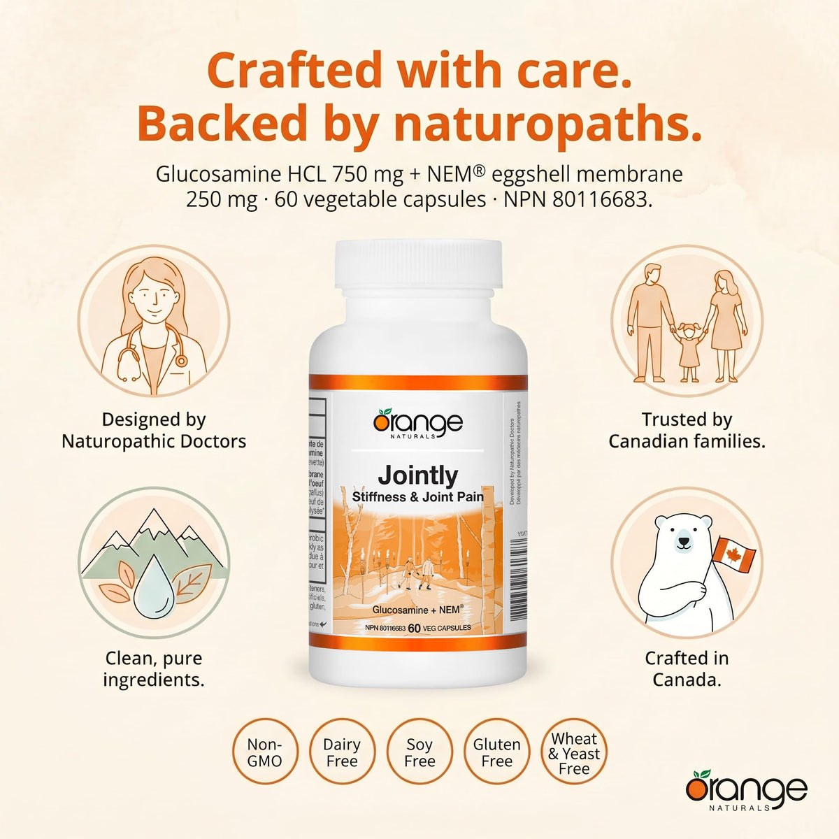 Orange Naturals Glucosamine NEM Joint Support Capsules for Adults, 60 Caps