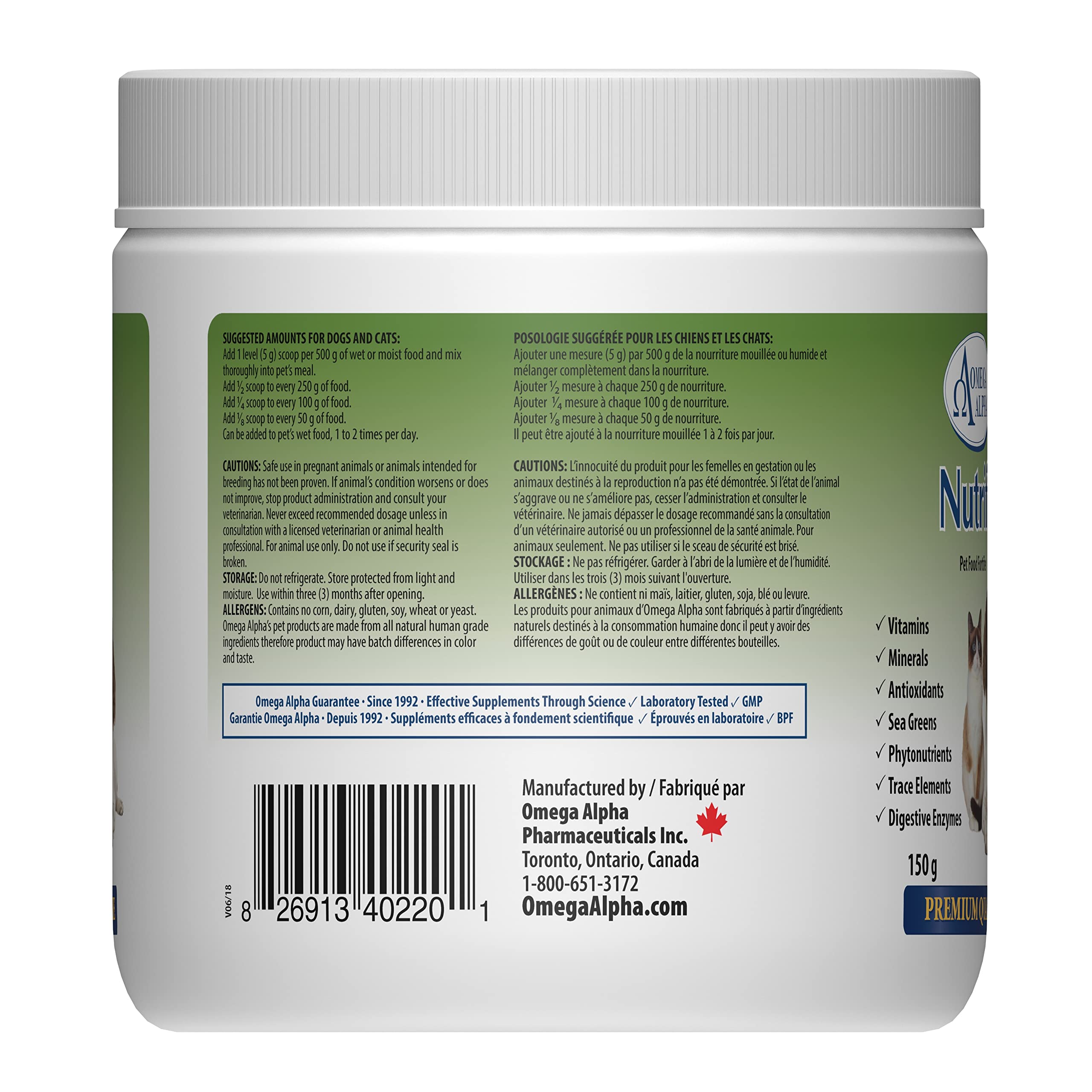 Omega Alpha Nutrify Poudre Multivitaminée pour Chiens et Chats 150g, Minéraux Complets et Antioxydants pour le Soutien des Articulations, de la Peau, du Pelage et de la Digestion, Formule Fabriquée au Canada