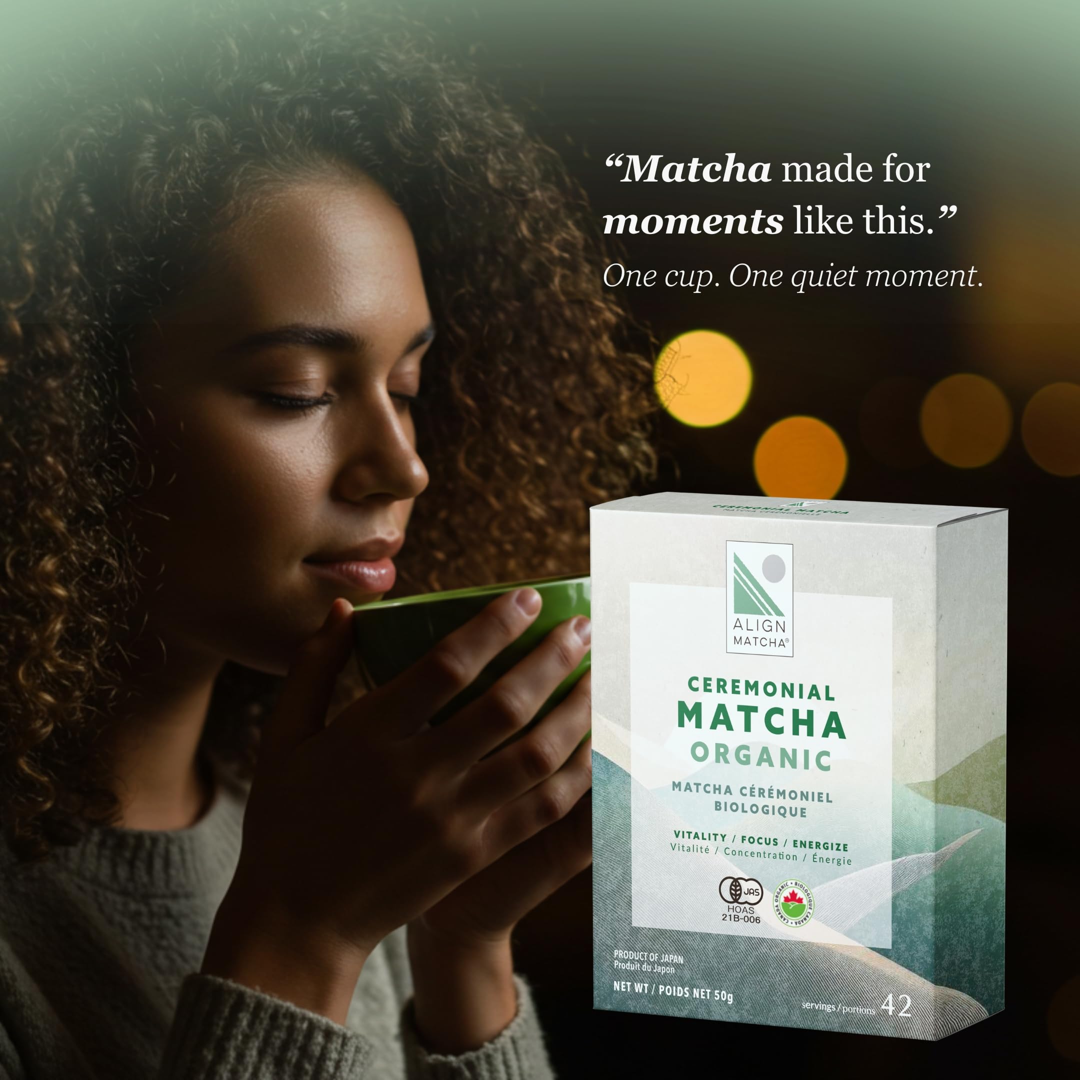 ALIGN MATCHA Ceremonial Organic Matcha — Ichibancha (First Tea) calm ritual; sourced from Japan, 50 g (≈42 servings)