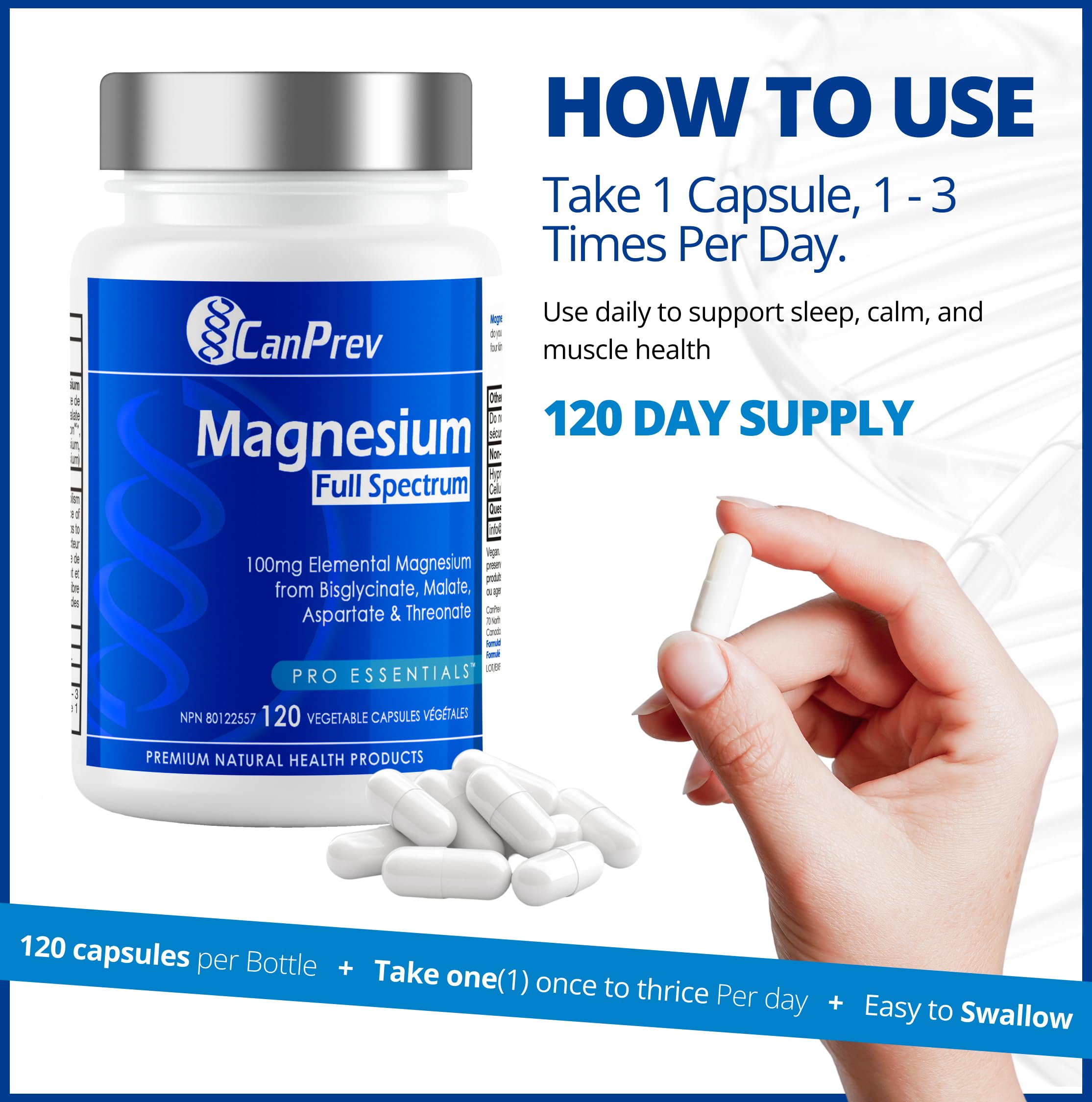 CanPrev Magnesium Full Spectrum 120 Vegan Capsules 120-Day Supply - Support for Sleep & Relaxation, Bone Density, Muscle Function, Electrolyte Balance - Pure, High-Absorption Magnesium Bisglycinate