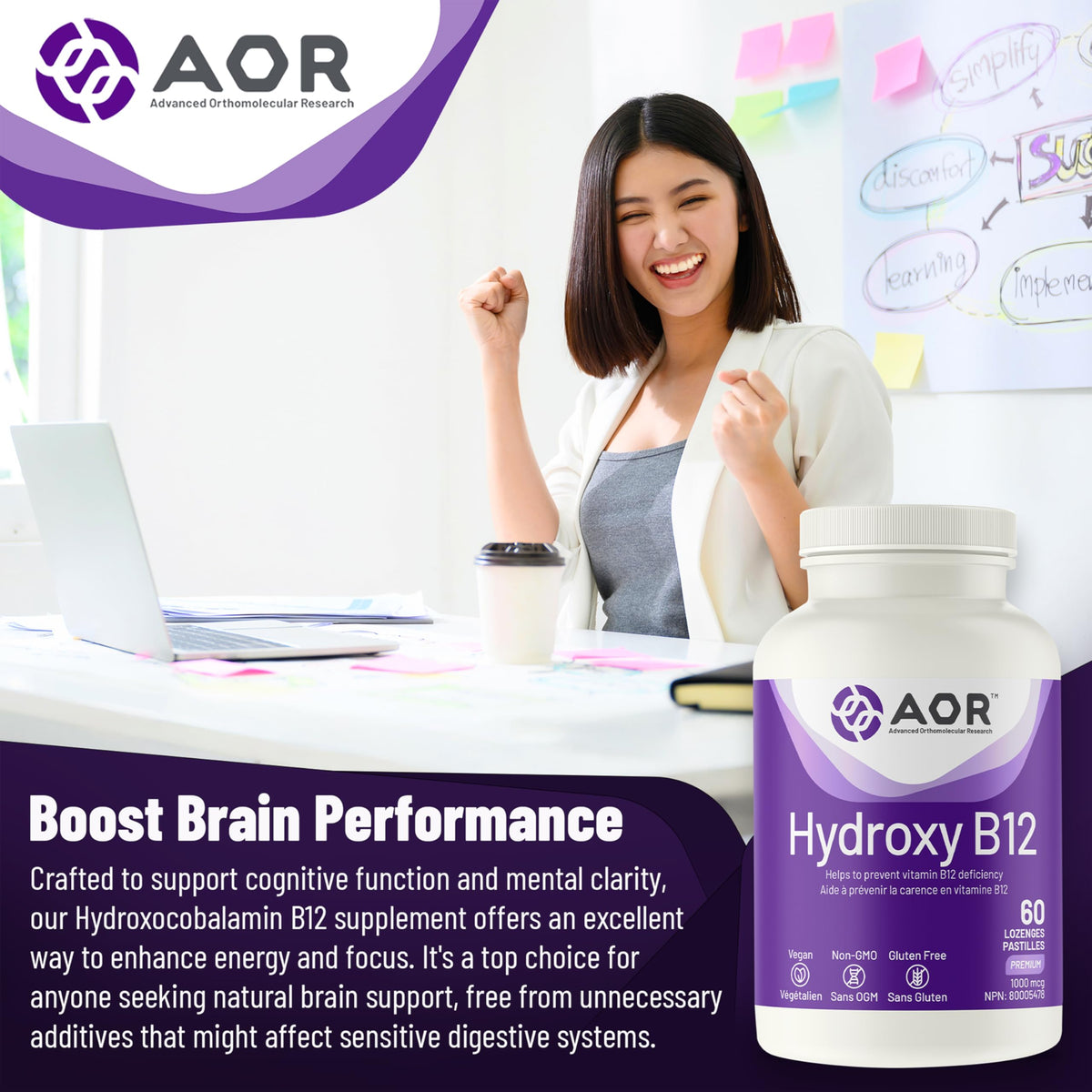AOR Hydroxy B12 Lozenges, Hydroxocobalamin B12, 1000mcg, 60 Day Supply