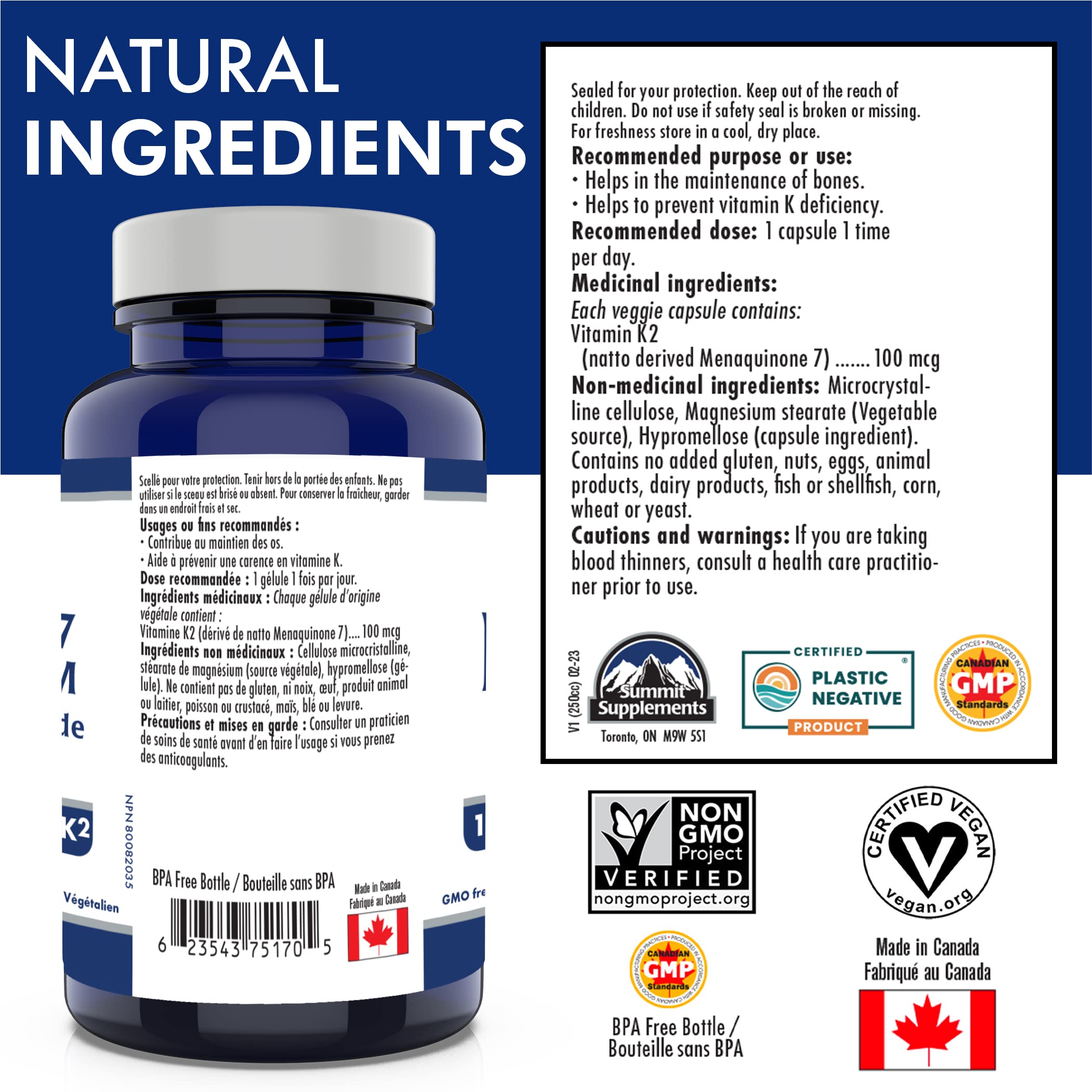 Vitamin K2 MK-7 - K2 Vitamin Supplement MK-7 Vitamin K-2 100 mcg - Heart Health - Cardiovascular Health - Blood Clotting - 3rd Party Tested - Formulated & Made in Canada