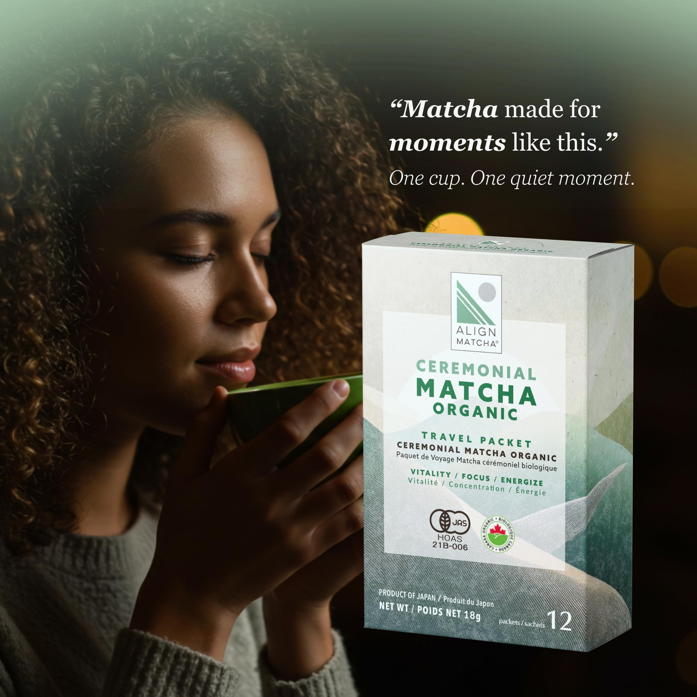 ALIGN MATCHA Sachet de voyage de Matcha Cérémonial Biologique — Ichibancha du Japon, 12 sachets individuels pour fouetter en déplacement