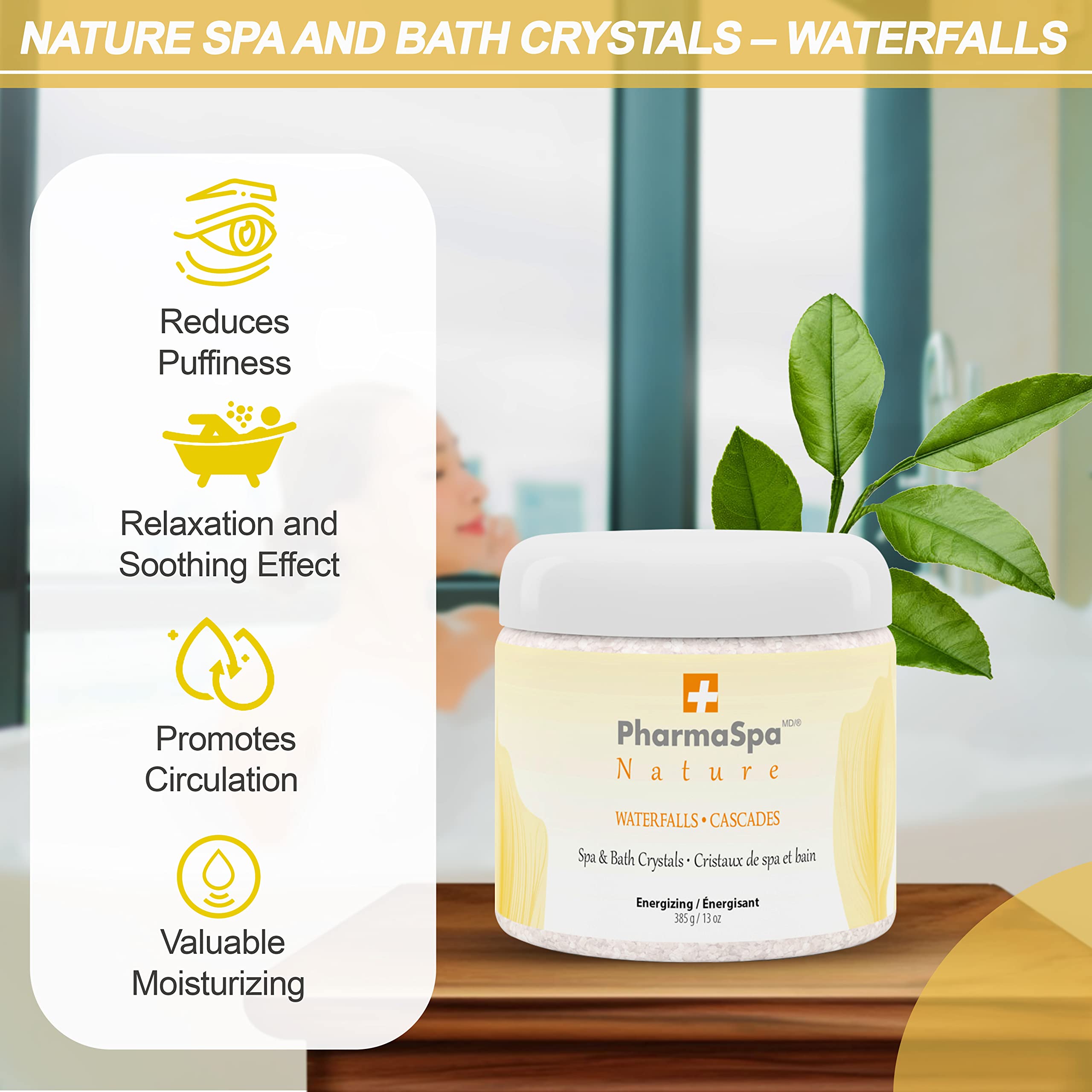 PharmaSpa Nature : Cristaux pour spa et bain aux extraits 100 % naturels – 385 g/13 oz – Sel de bain d'Epsom pour l'aromathérapie et la relaxation en spa – Sans gluten, sans parabènes, sans cruauté animale