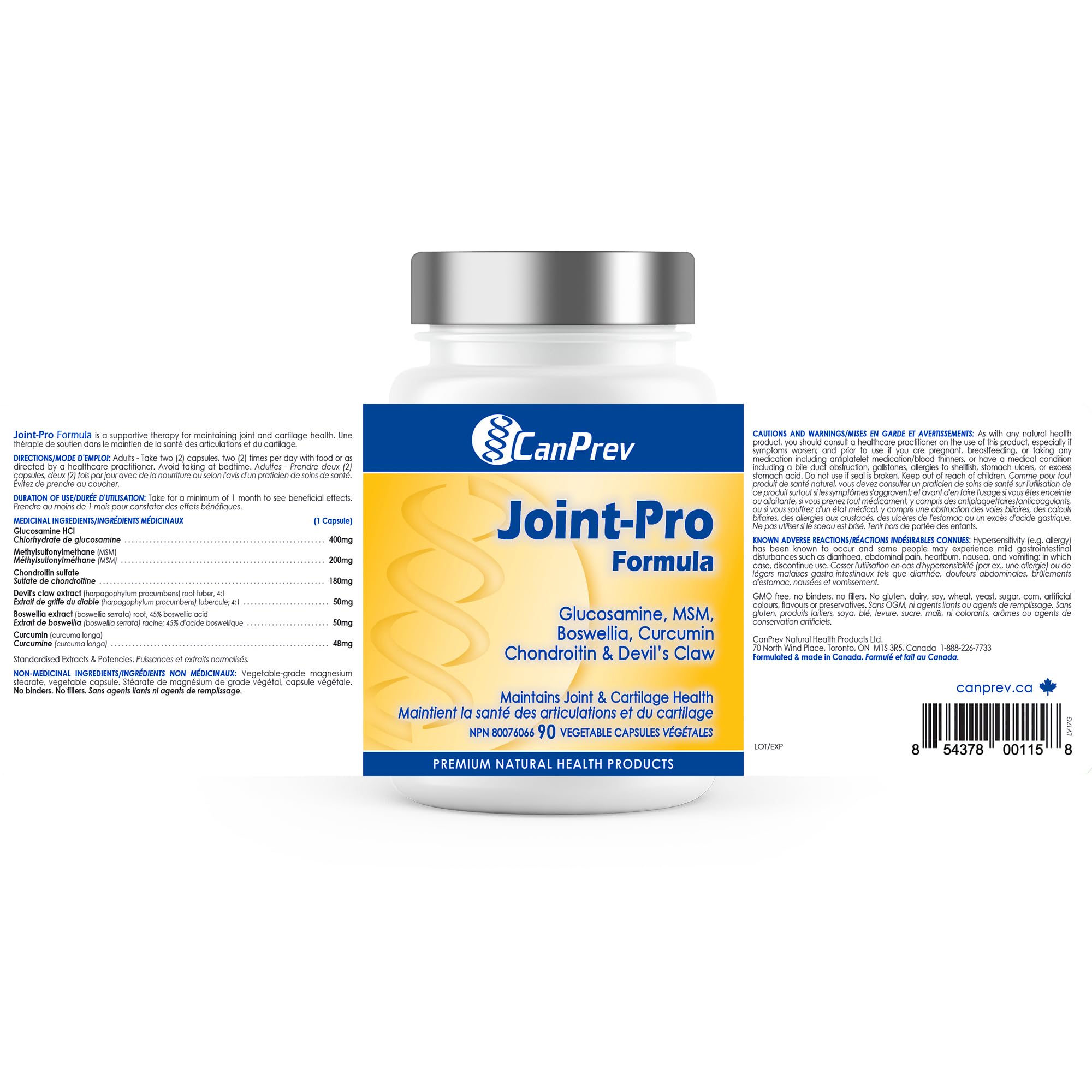 CanPrev Formule Joint-Pro, 90 capsules - Glucosamine, Chondroïtine, MSM, Boswellia, Griffe du diable et Curcumine, Favorise la souplesse des articulations et maintient un cartilage sain, Sans OGM et sans gluten