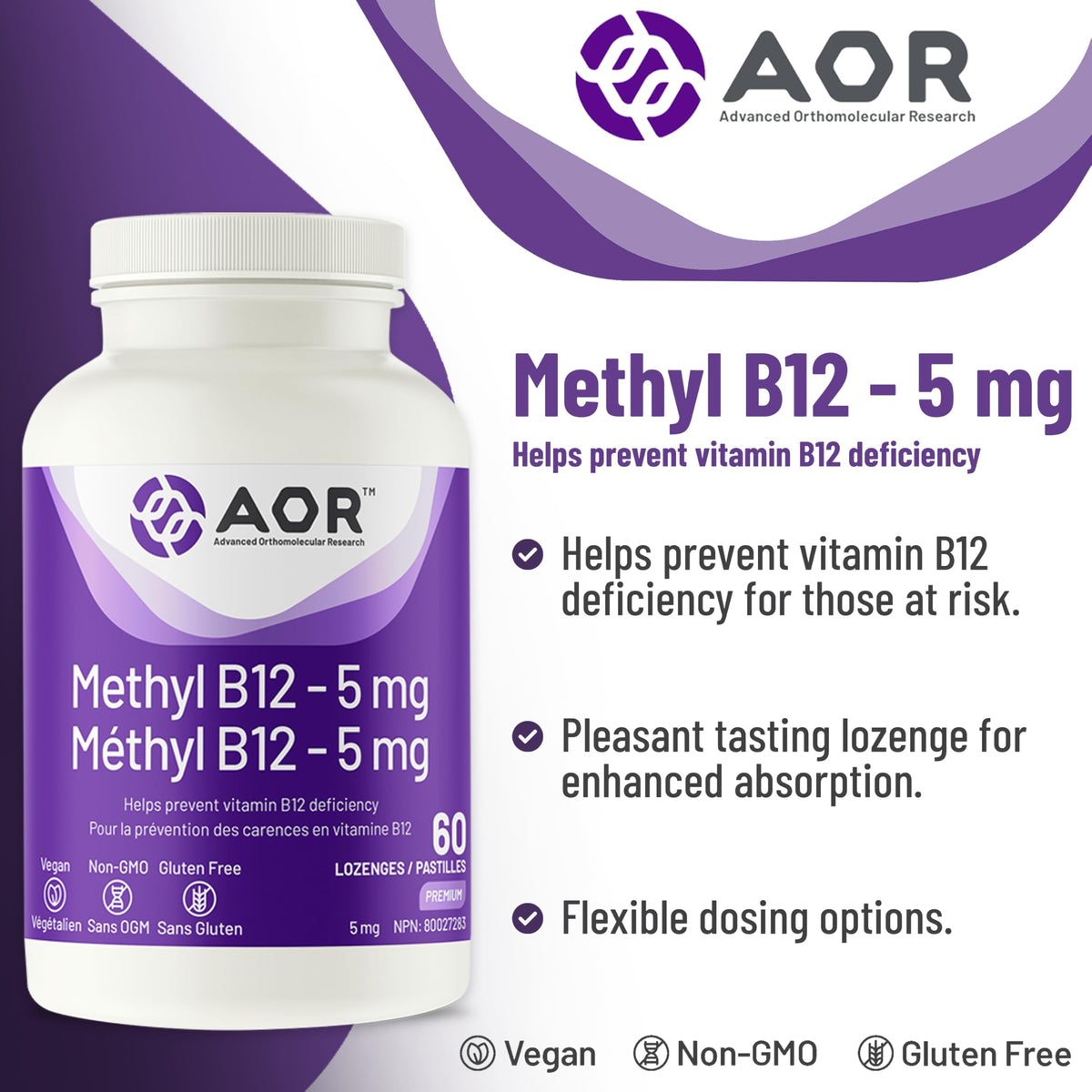 AOR Methylcobalamin Vitamin B12 Lozenges, 5 mg, 60 Lozenges & 60 Day Supply