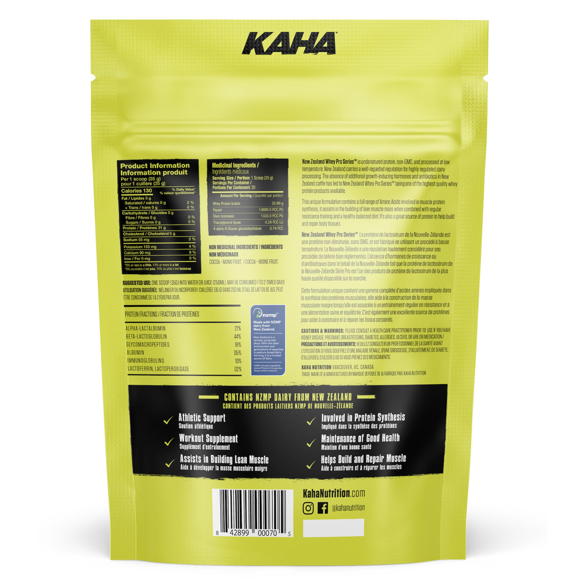 Kaha Nutrition NZ Whey Isolate, 720g Protein Powder Dark Chocolate Flavour, 31g Protein & 7g BCAAs, Grass-Fed New Zealand Whey, Lactose & Carrageenan Free