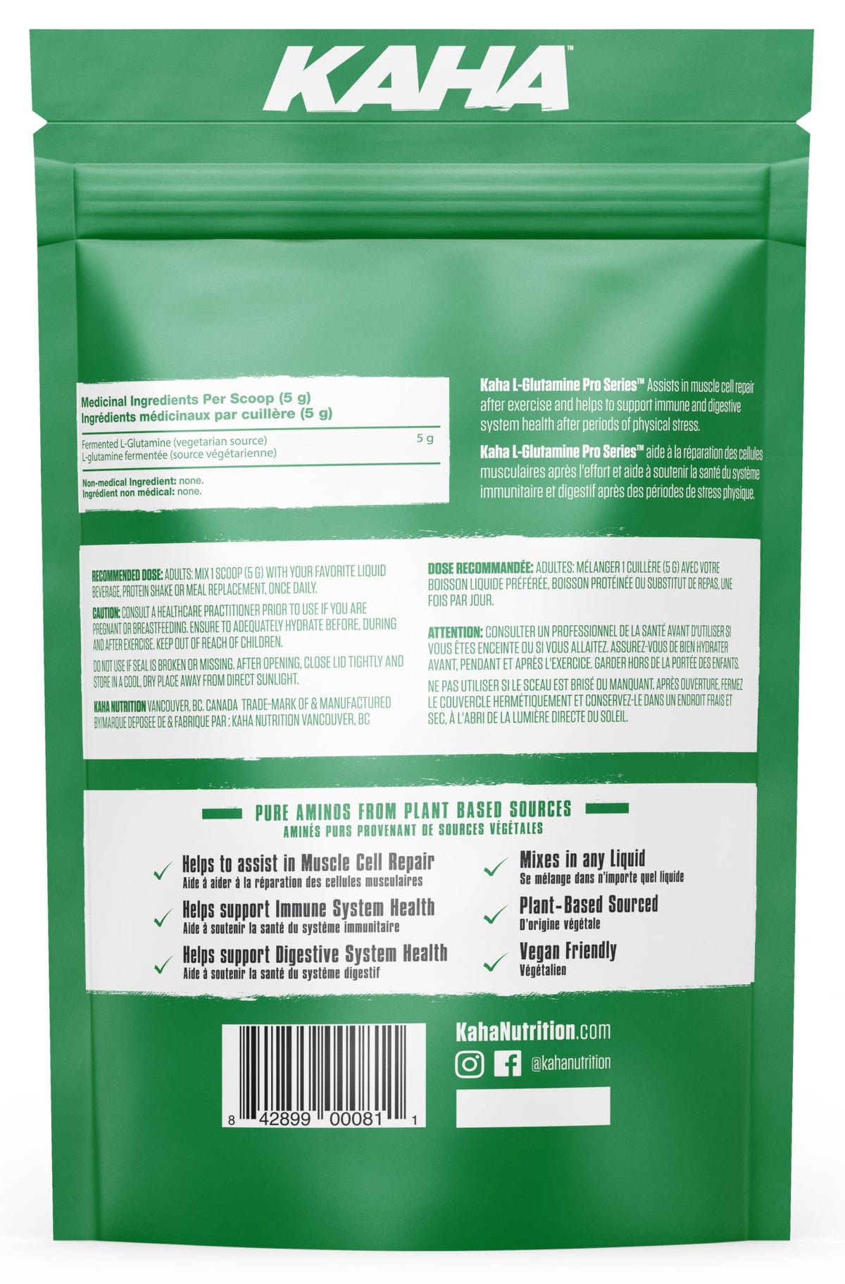 Kaha Nutrition Plant-Based Fermented L-Glutamine Powder 150g, 30 Servings – Pure for Active Recovery, Digestive Support & Healthy Canadian Lifestyles