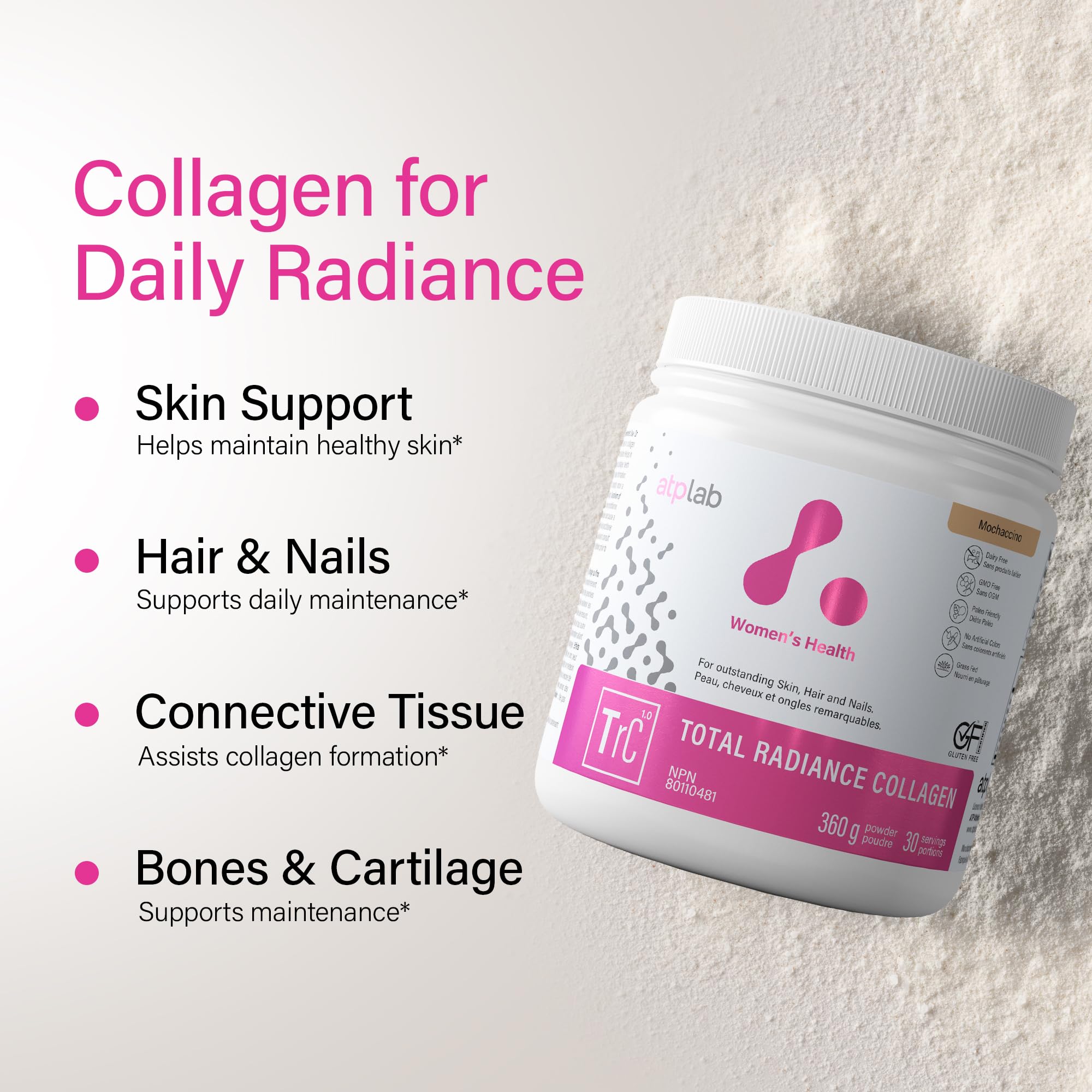 ATP LAB - Total Radiance Collagène 360g - Poudre de protéines de collagène pour femmes - Pour la peau, les cheveux et les ongles - Suppléments de collagène pour femmes