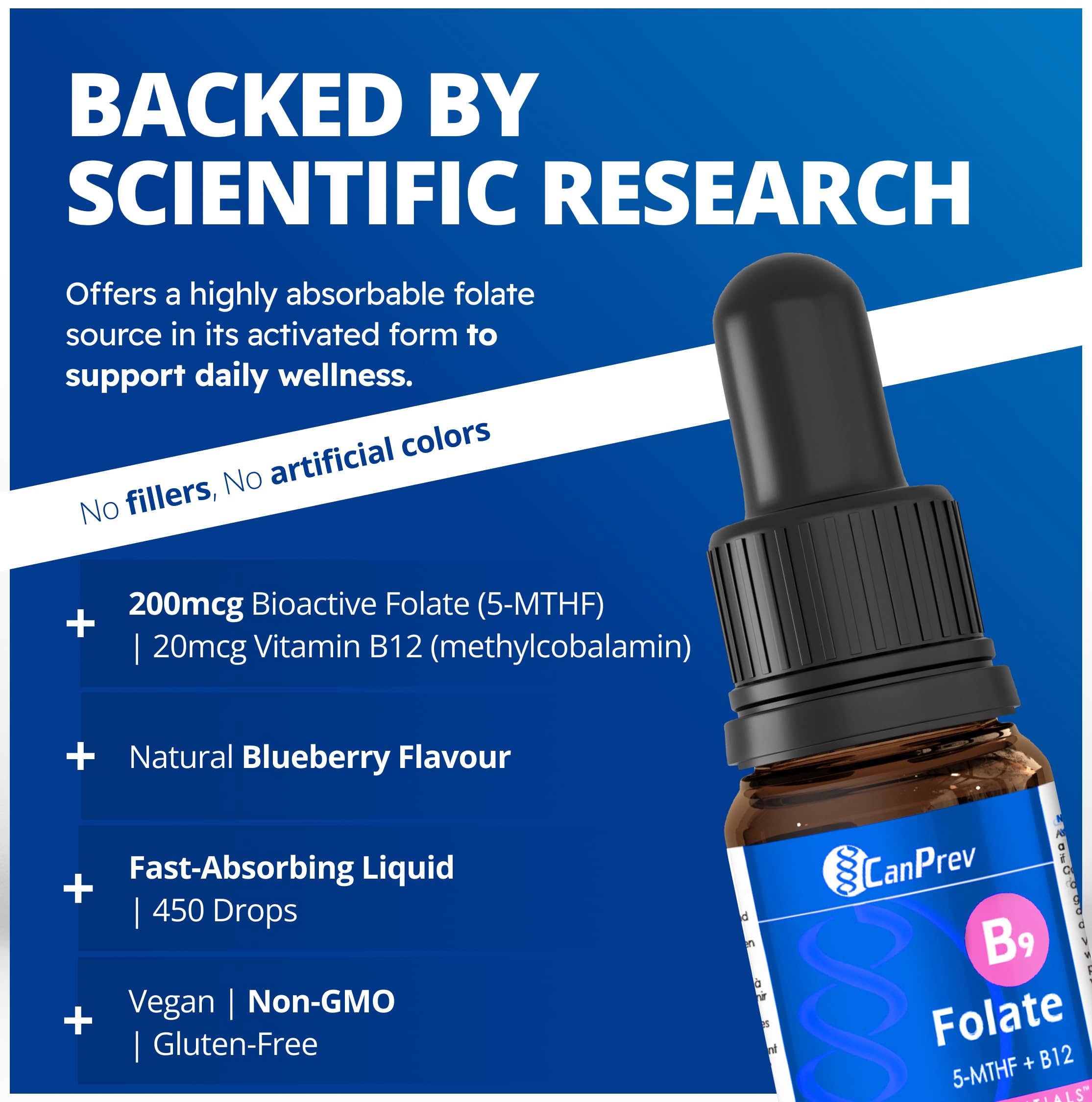 CANPREV - B9 Folate 200mcg avec Vitamine B12 20mcg, Gouttes 15ml 450 Portions - Saveur Naturelle de Myrtille - Favorise l'Énergie et la Vitalité - Absorption Améliorée des Nutriments - Végétalien, Sans OGM et Sans Gluten