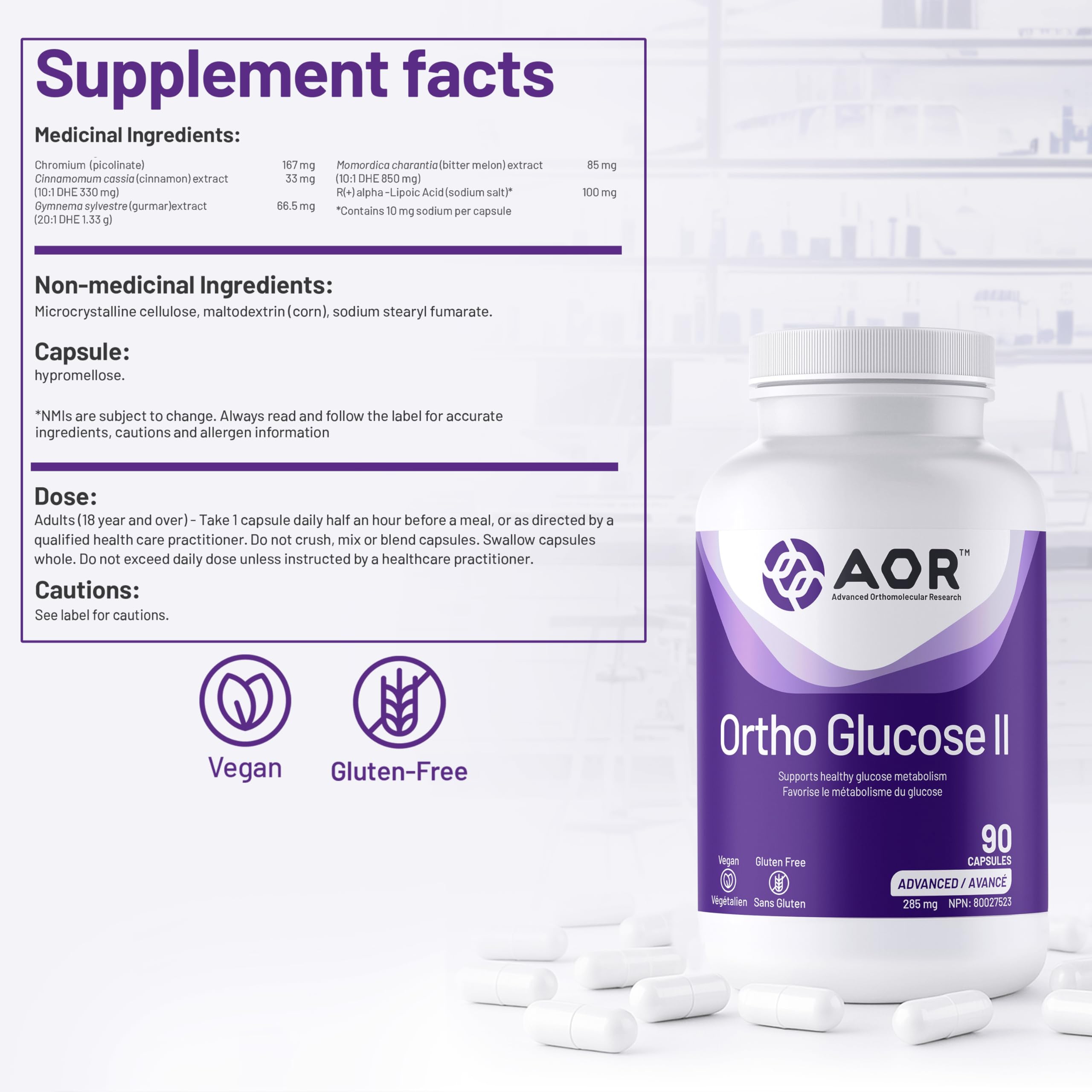 AOR Ortho Glucose II 285 mg, 90 capsules, approvisionnement de 90 jours – Soutien équilibré de la glycémie et complément pour la santé nerveuse – Végétalien et sans gluten – Picolinate de chrome pour le maintien du taux de glucose sanguin