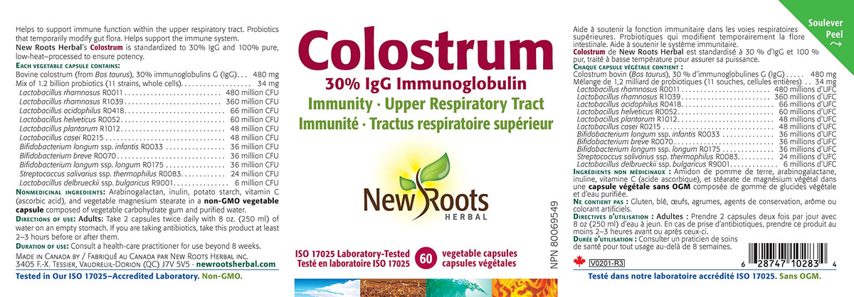 New Roots Herbal Colostrum, 30% IgG, Probiotic Blend, Non GMO, 60 Capsules