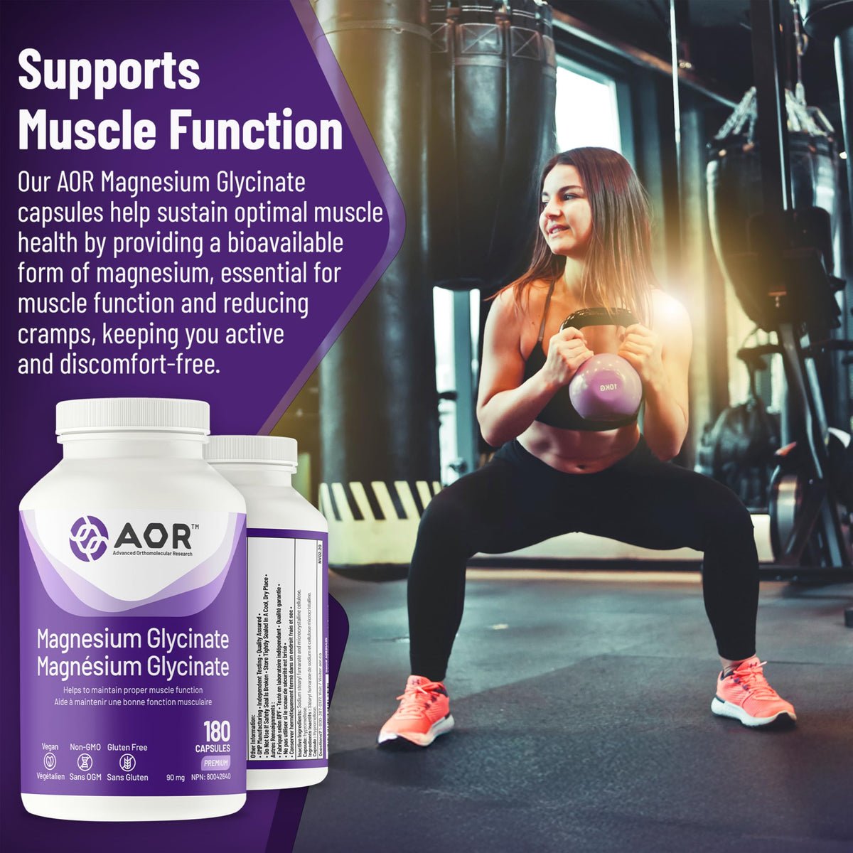 AOR Magnesium Glycinate Supplement, Gentle on Stomach, Vegan, 180 Capsules