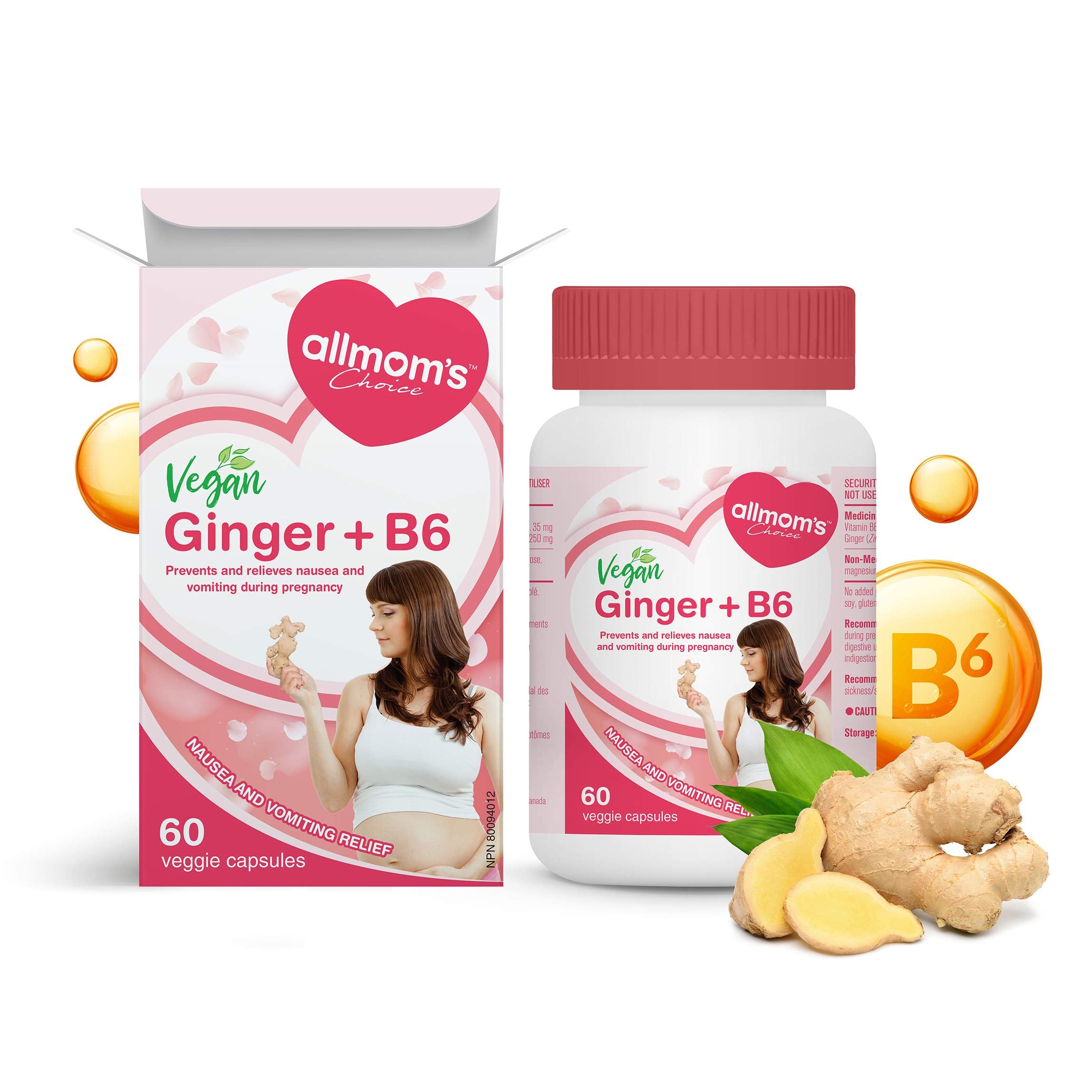 Gingembre Vegan + B6 (60 gélules), remède naturel pour prévenir et soulager les nausées matinales, réduire les brûlures d'estomac et améliorer l'appétit, anti-nauséeux pour la grossesse par Allmom's Choice