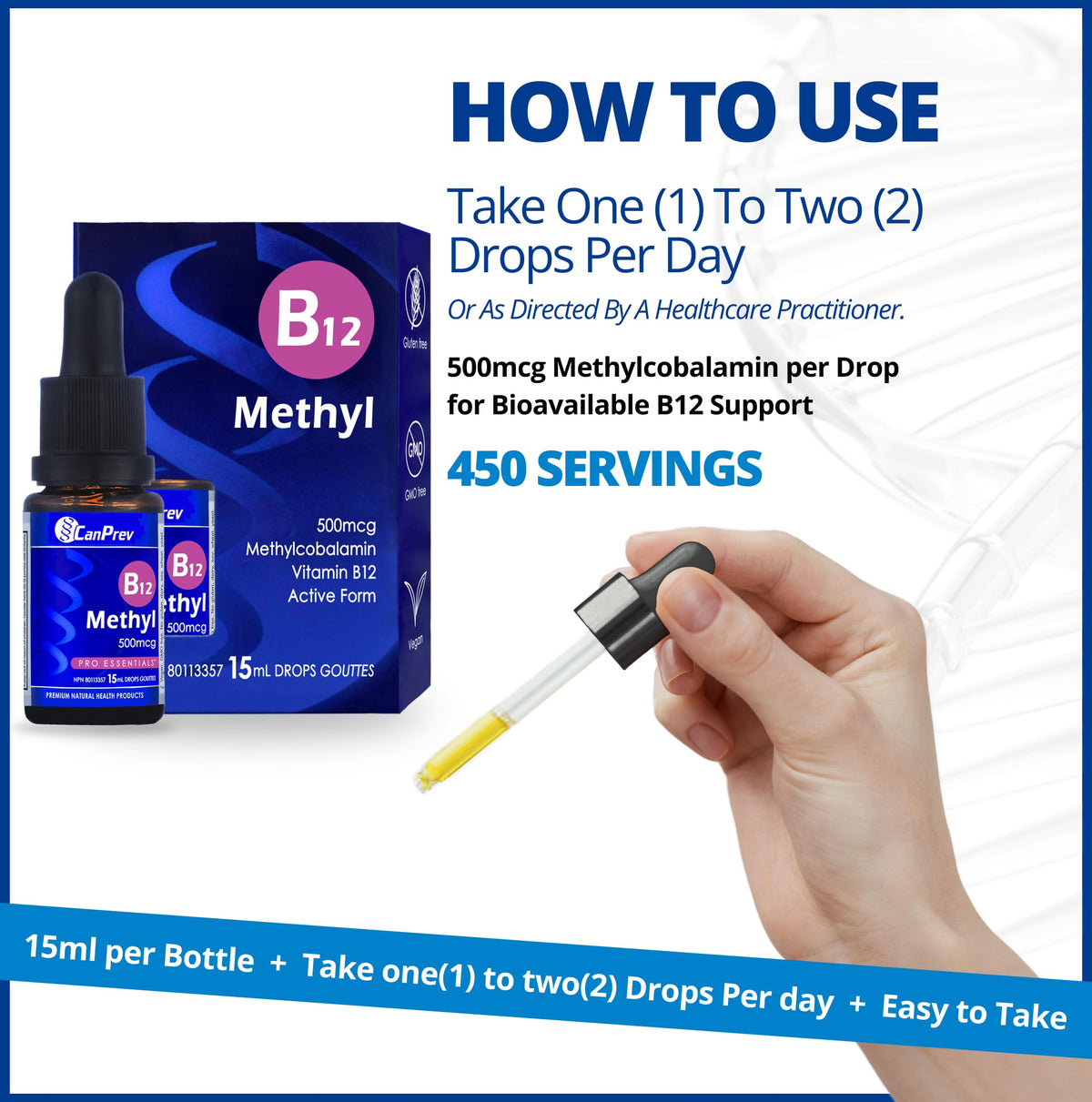 CanPrev Vitamin B12 Liquid Drops, Methylcobalamin 500mcg, for Adults, 15 ml