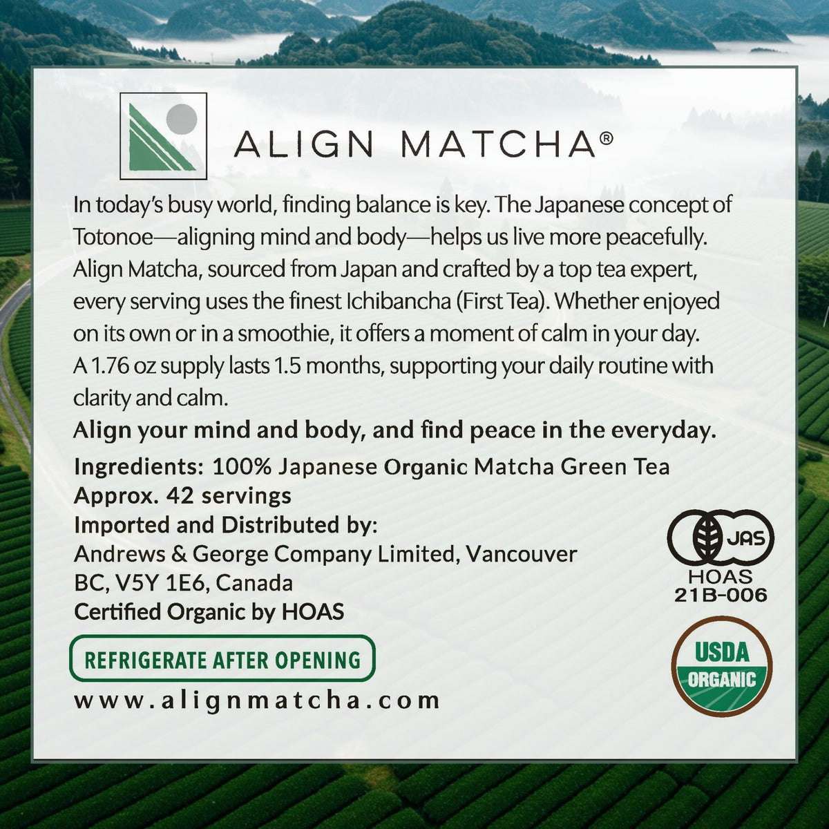 ALIGN MATCHA Ceremonial Organic Matcha - Ichibancha (First Tea) calm ritual; sourced from Japan, 50 g (≈42 servings)