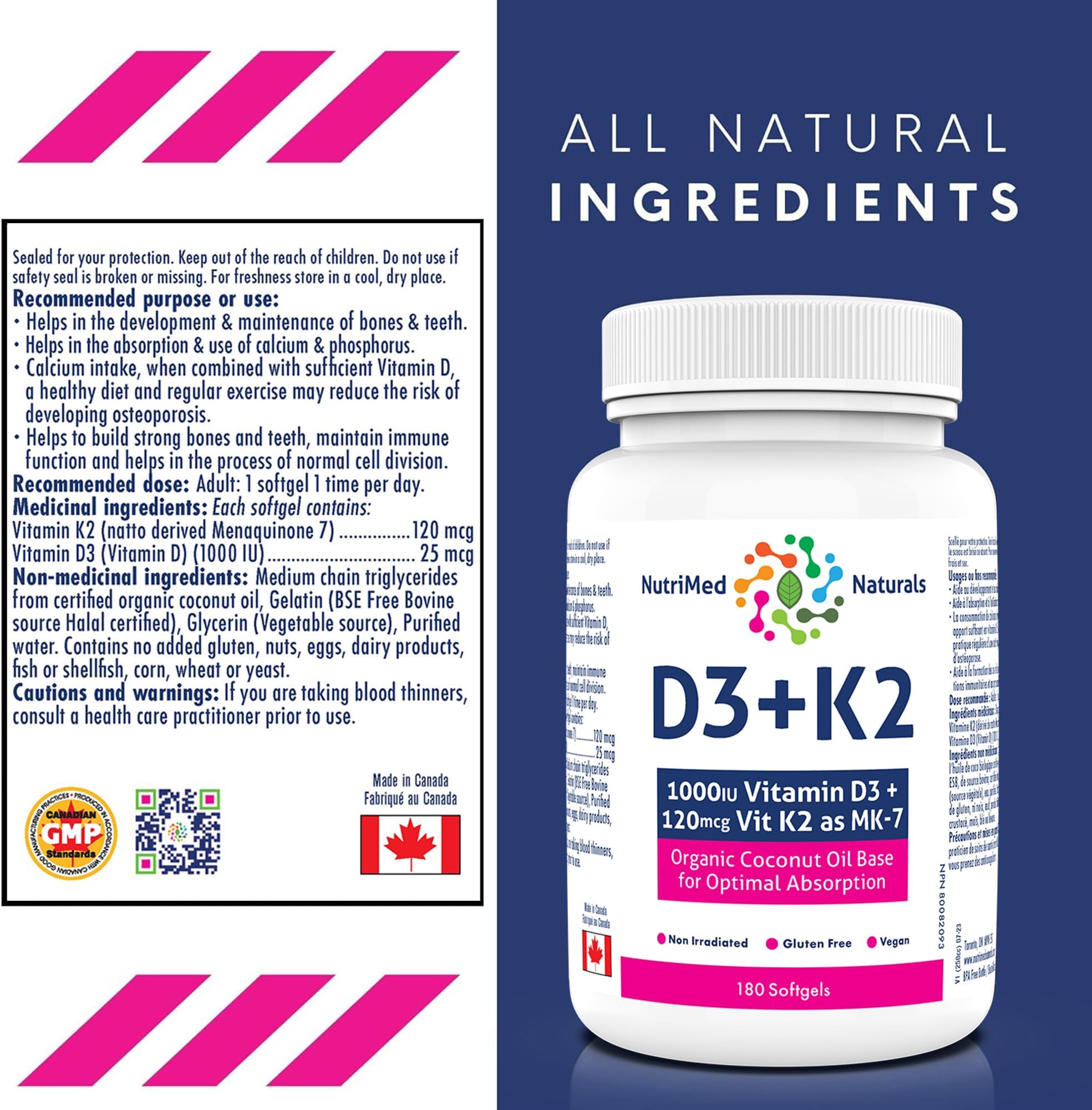 Nutrimed Naturals - D3 + K2, 180 Softgels 180-Day Supply - Optimal Absorption with Organic Coconut Oil Base, MK7 K2 Vitamin for Bone and Heart Health - 3rd Party Tested - Formulated & Made in Canada