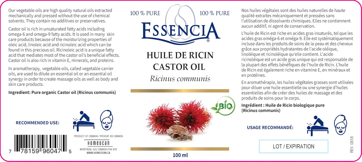 Essencia Organic Castor Oil 100 ml, Pure Huile de Ricin, Ricinus Communis