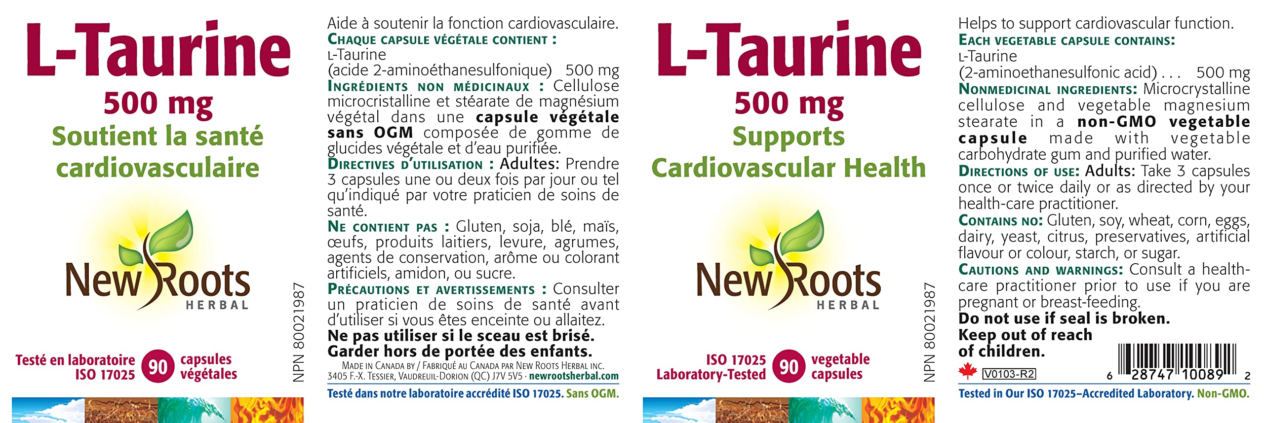 New Roots Herbal - L-Taurine 500 mg, 90 capsules, cure de 30 jours – Contribue au soutien des fonctions cardiovasculaire et du système nerveux – Santé oculaire, fonction cognitive, récupération musculaire et après l'effort – Sans gluten