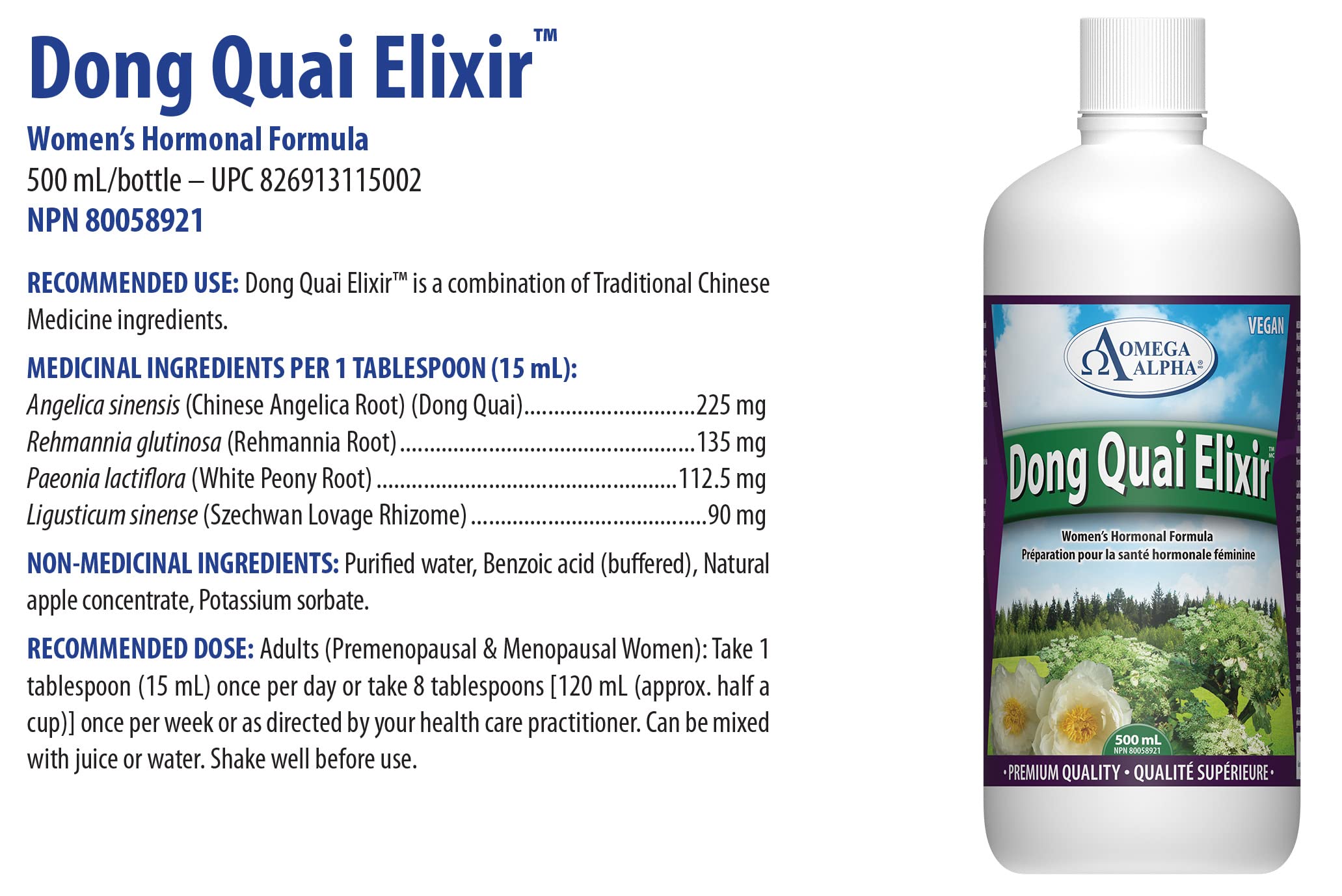 Complément alimentaire liquide à base de plantes Omega Alpha Dong Quai Elixir pour l'équilibre hormonal et le soutien de la vitalité des femmes, saveur pomme 500 ml, approvisionnement de 33 jours, formule végétalienne