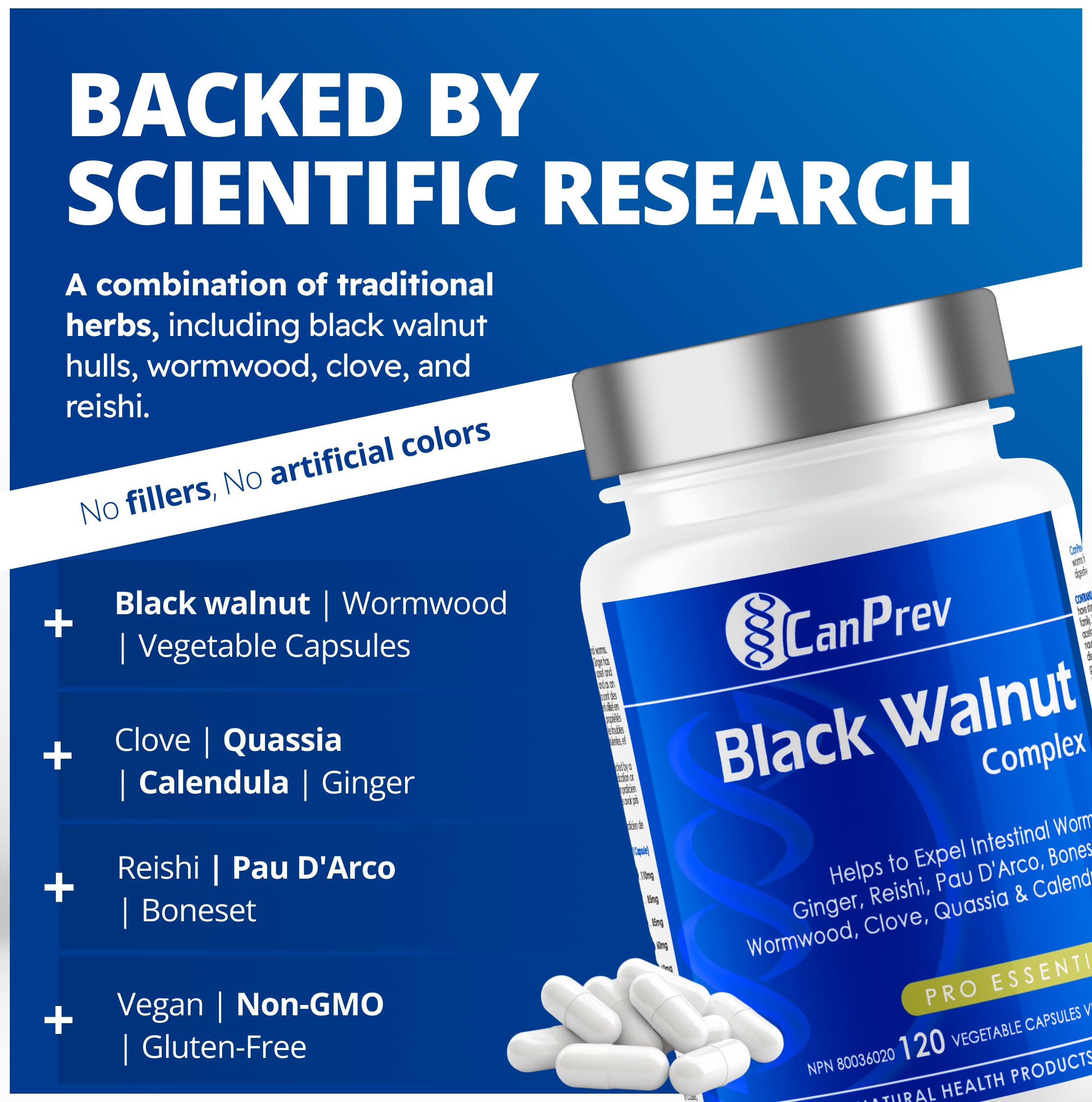 CanPrev - Complexe de Noyer noir, 120 capsules végétaliennes - Supplément de Noyer noir pour la santé digestive, le soulagement des maux d'estomac, le soulagement de l'indigestion et le soulagement de la diarrhée - Aide à expulser les vers intestinaux
