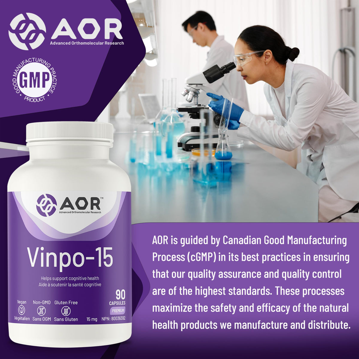 AOR Vinpo-15 Brain & Focus Supplement, Gluten Free, 15 mg, 90 Capsules