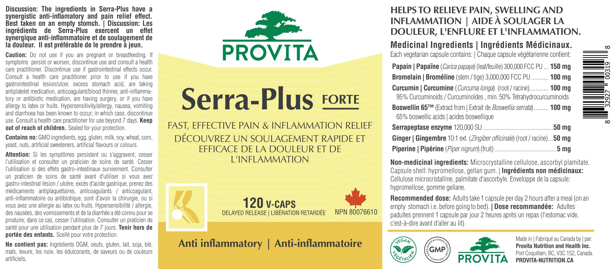 Serra-Plus fast relief for pain and inflammation, Canadian Made by Provita Nutrition