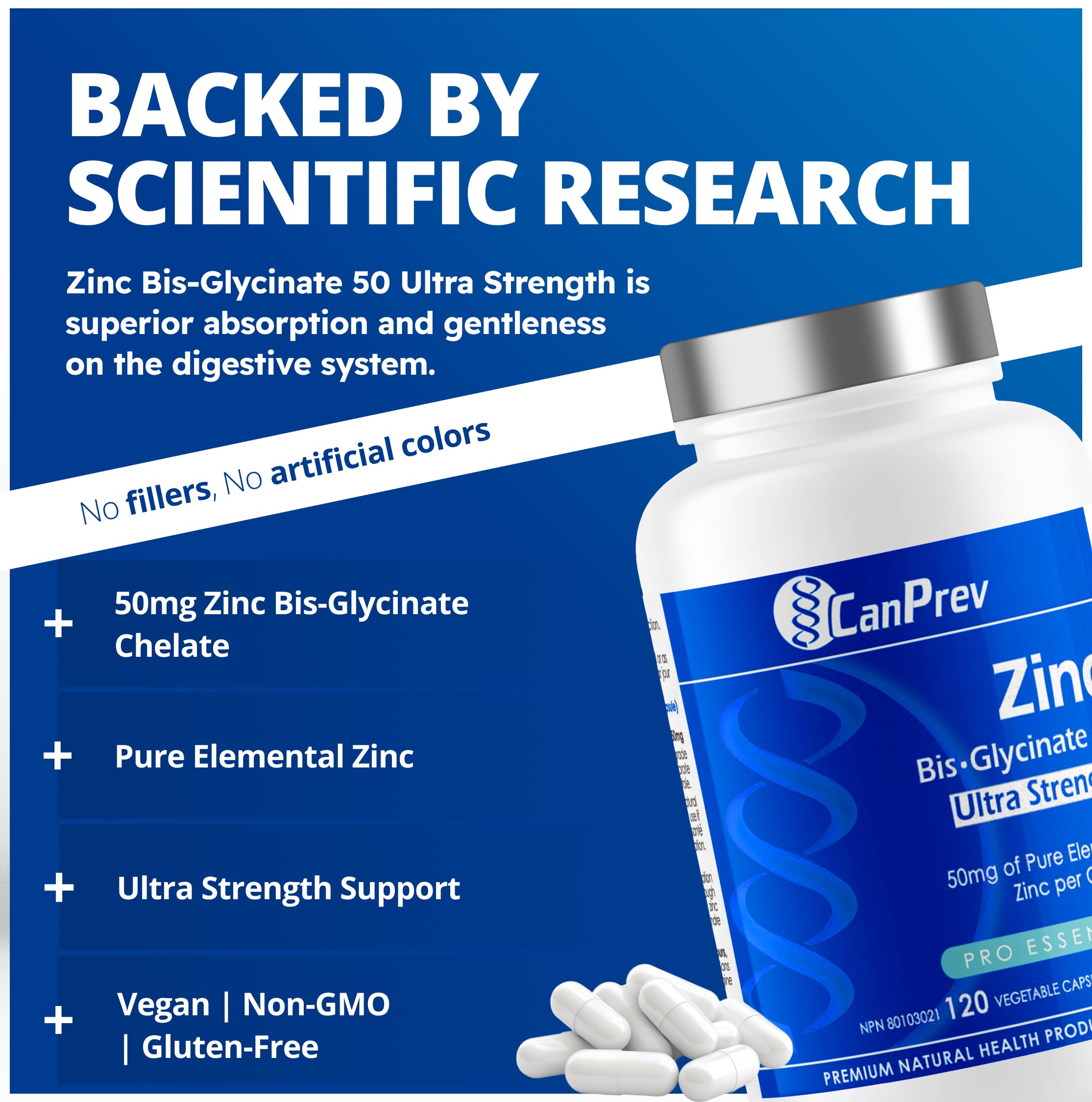 CanPrev Zinc Bis-Glycinate Chelate, 120 Capsules 120-Day Supply - Helps to Maintain Immune Function - Ultra Strength 50mg of Pure Elemental Zinc per Capsule - Vegan, Non-GMO and Gluten-Free