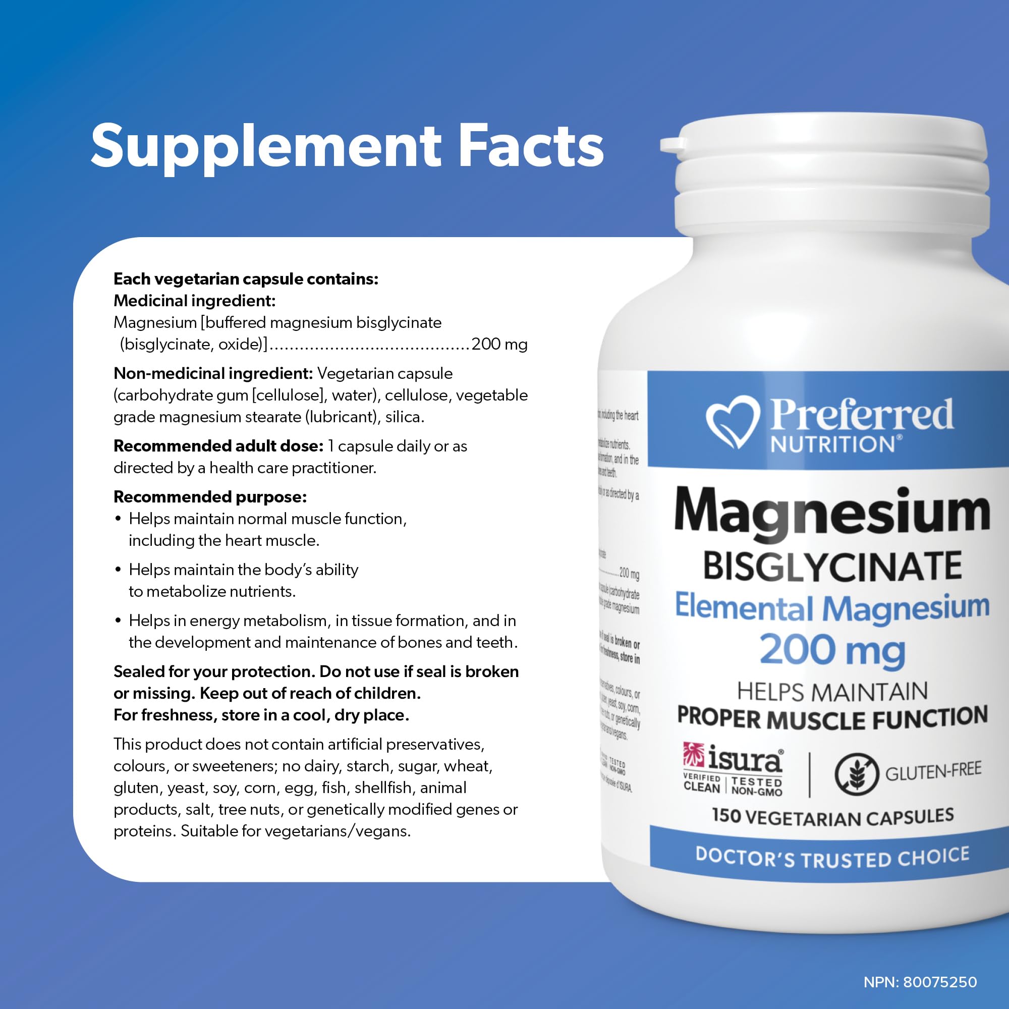 Preferred Nutrition Magnesium Bisglycinate 200 mg, Veg Caps, Elemental Magnesium, Maintains Proper Muscle Function, Proudly Canadian