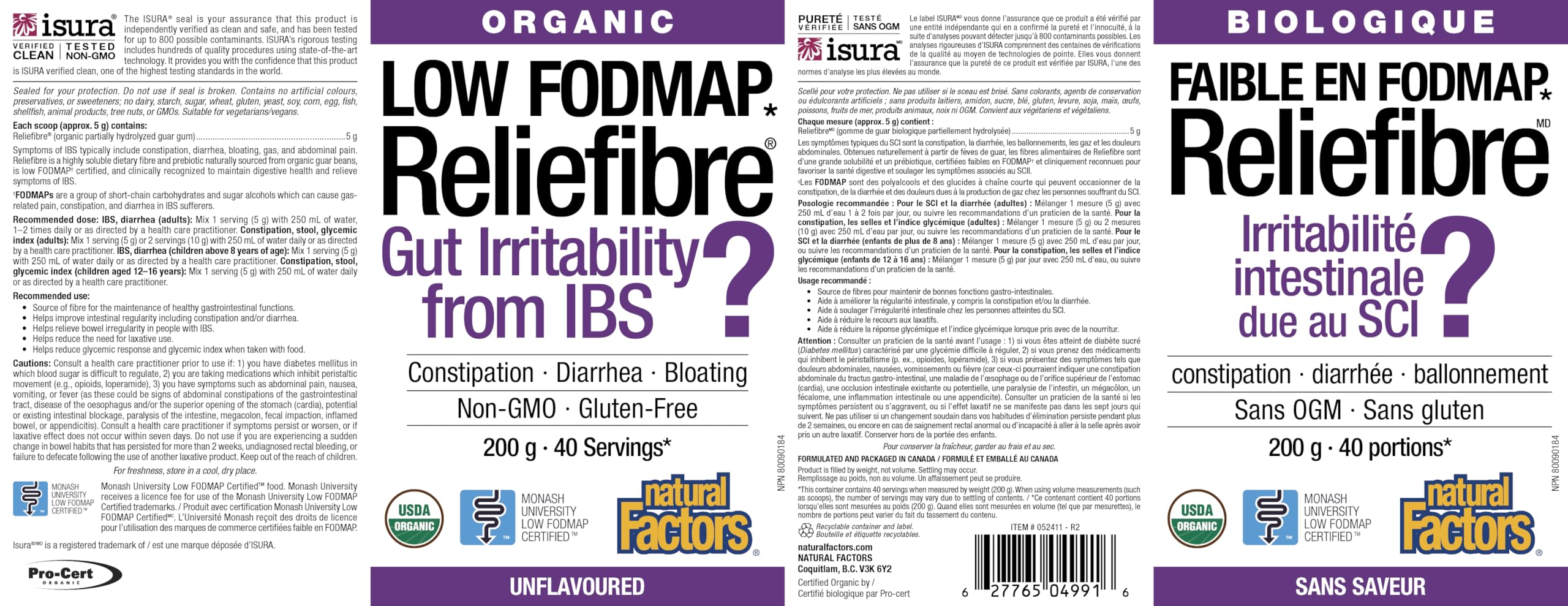 Natural Factors Reliefibre Soluable Fibre 200 g Powder = 40 Servings, Unflavoured, Relieves Minor Symptoms Associated with Irritable Bowel Syndrome (IBS), Organic, Non-GMO, Low FODMAP, Easy to Mix, Fiber Supplements