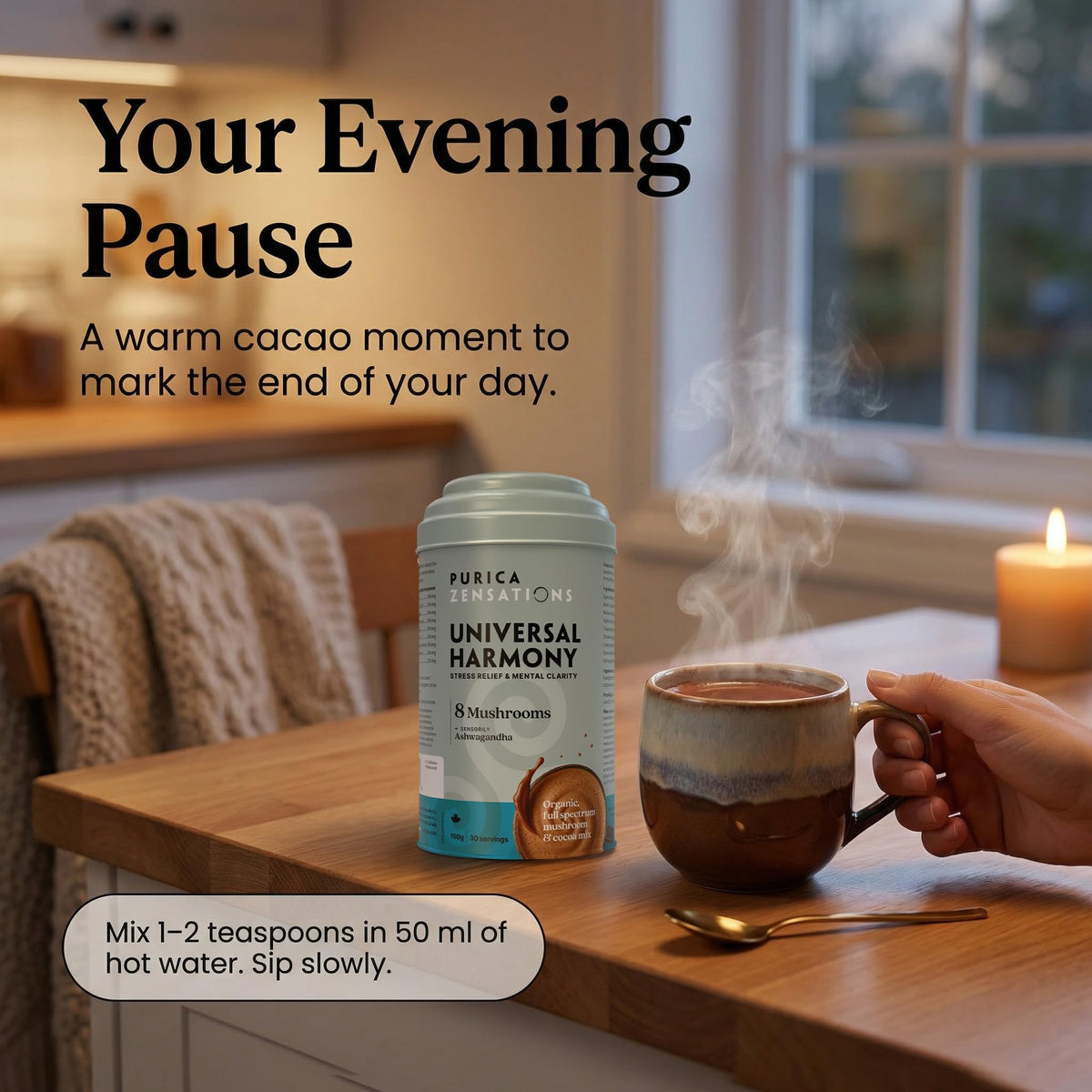 PURICA Zensations Universal Harmony Powder, Cacao, 125 mg Ashwagandha, 150g