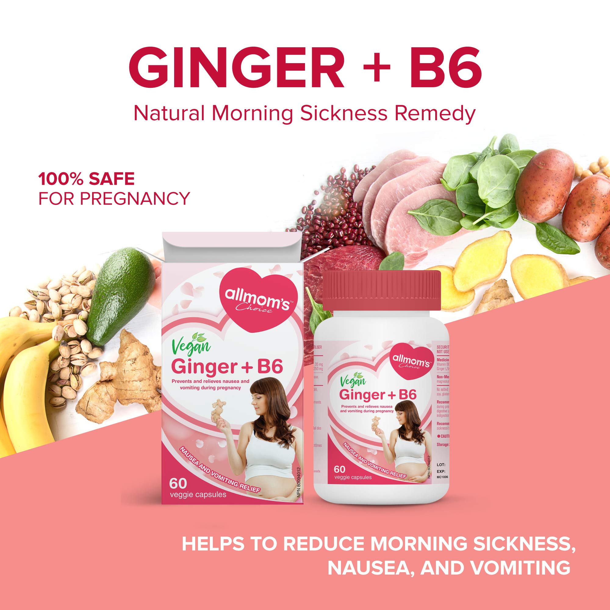 Gingembre Vegan + B6 (60 gélules), remède naturel pour prévenir et soulager les nausées matinales, réduire les brûlures d'estomac et améliorer l'appétit, anti-nauséeux pour la grossesse par Allmom's Choice