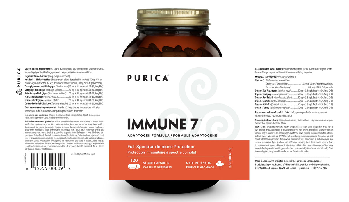 PURICA Immune 7 Mushroom Supplement, Turkey Tail, Reishi, 120 Capsules