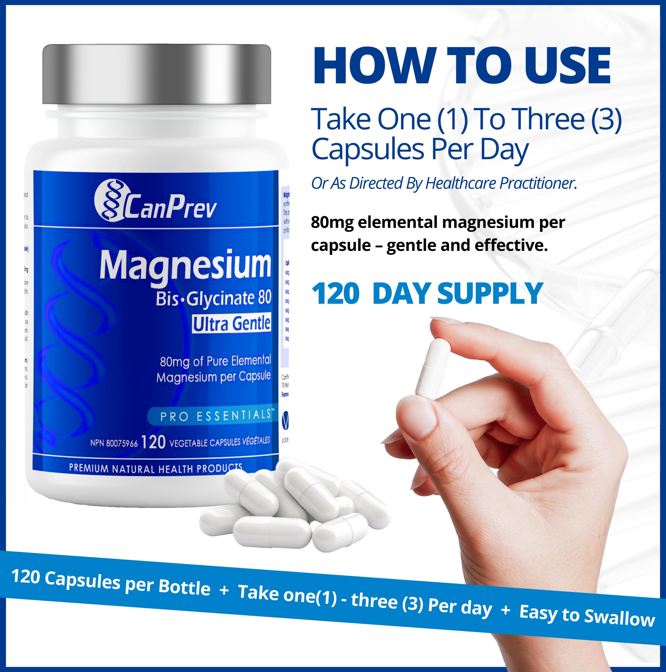 CanPrev Bis-Glycinate de Magnésium 80 Ultra Doux l Soutient la production d'énergie l Os, dents et muscles solides l Favorise la relaxation