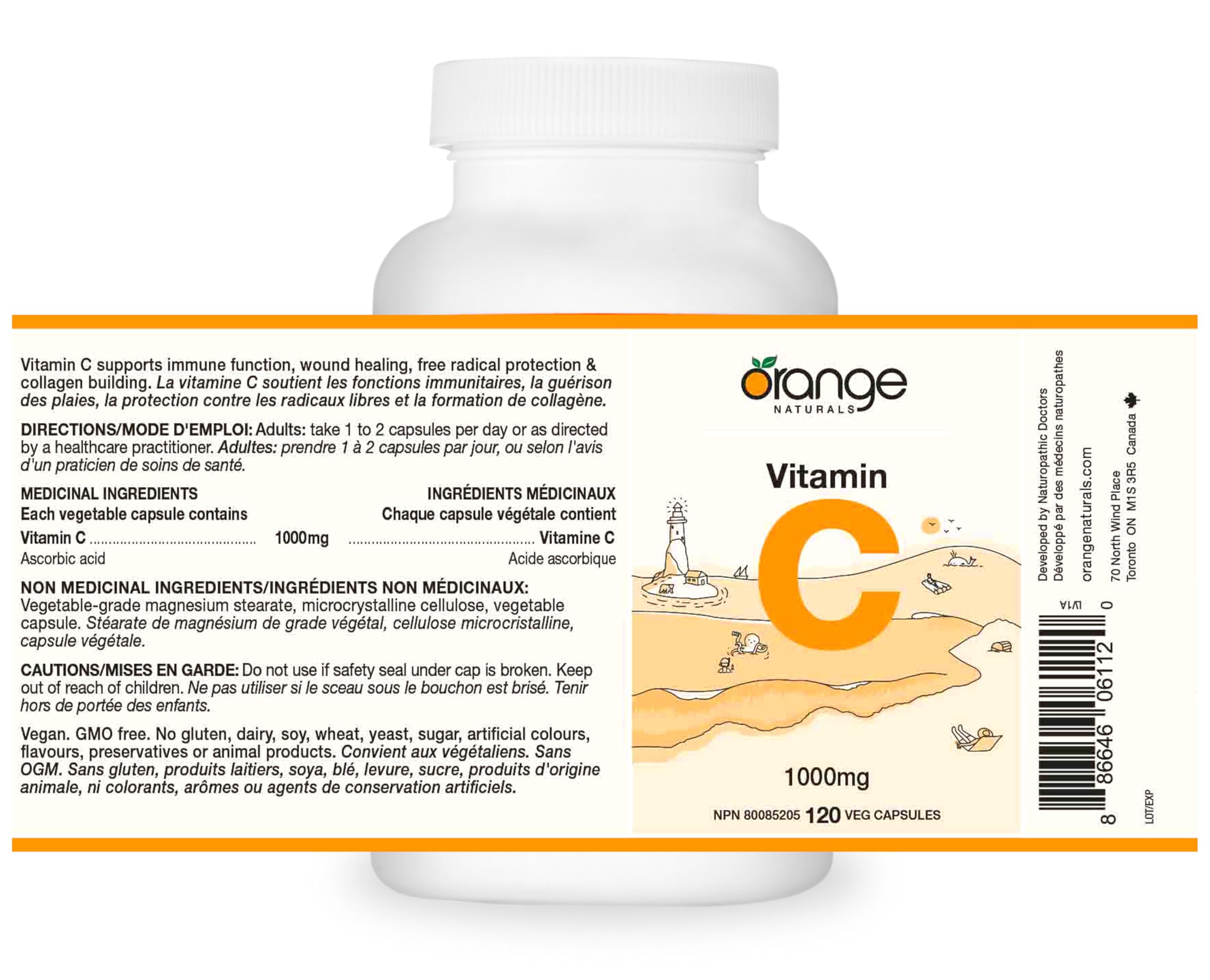 Orange Naturals Vitamine C 1000 mg, 120 V-Caps, Approvisionnement de 4 mois, Supplément d'acide ascorbique pur, Végétalien, Pratique au quotidien, Favorise le bien-être, Soutien antioxydant, Formation de collagène, Os et dents sains