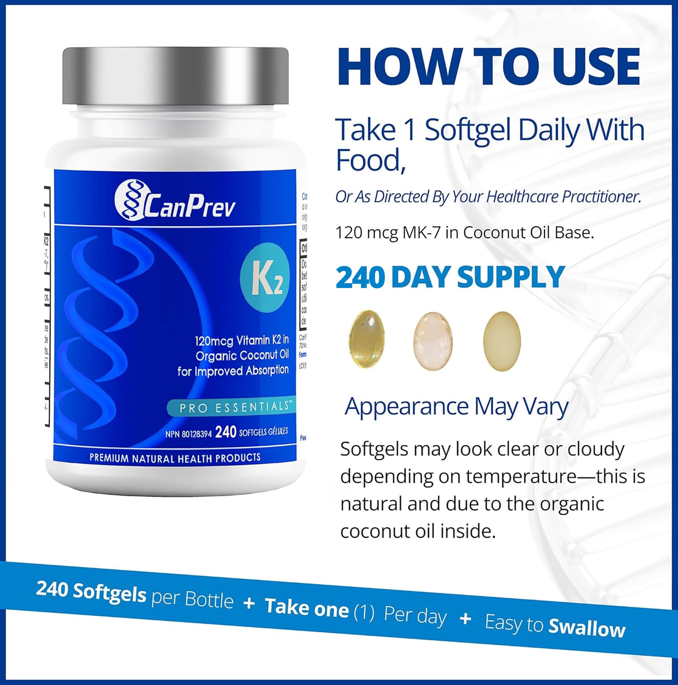 CanPrev K2 120mcg avec huile de noix de coco biologique – Végétalien, sans OGM – Absorption améliorée pour un soutien optimal des os et des dents, vitamine K2 à haute puissance pour des os et des dents solides