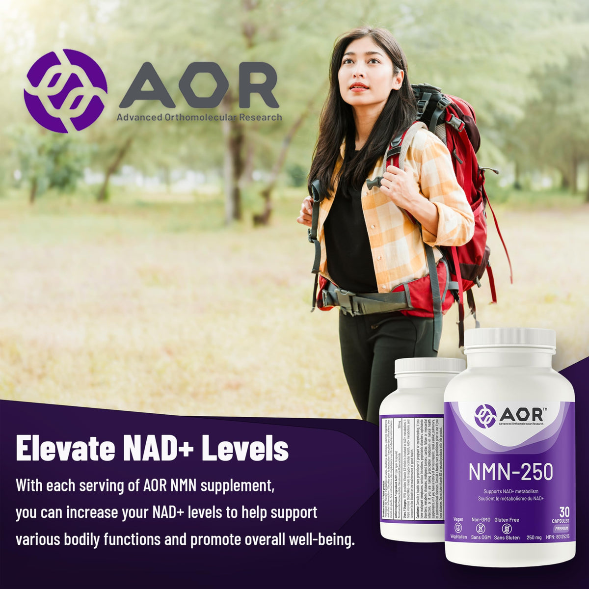 AOR NMN NAD, NMN Capsules, 250mg, Supports NAD+ Metabolism, 30 Day Supply