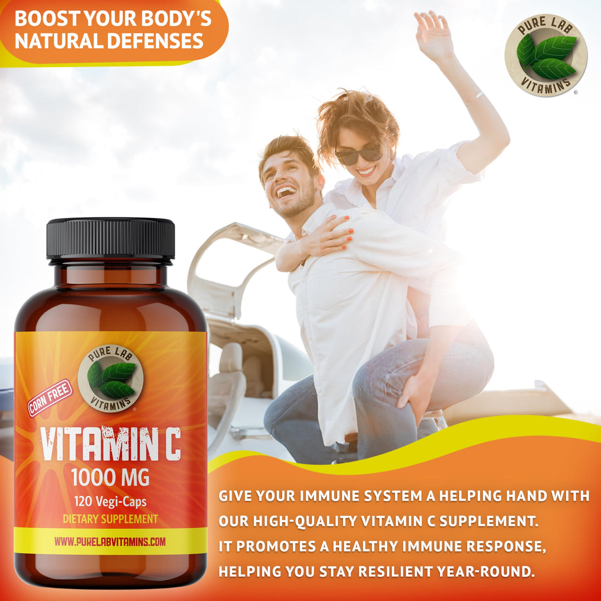 Pure Lab Vitamins | Vitamin C 1000mg | 120 Vegi Capsules | Ascorbic Acid Vitamin C Supplement | Immune System Support & Antioxidant Supplement | Vitamin C Capsules 1000mg | Natural Vitamin C Supplement