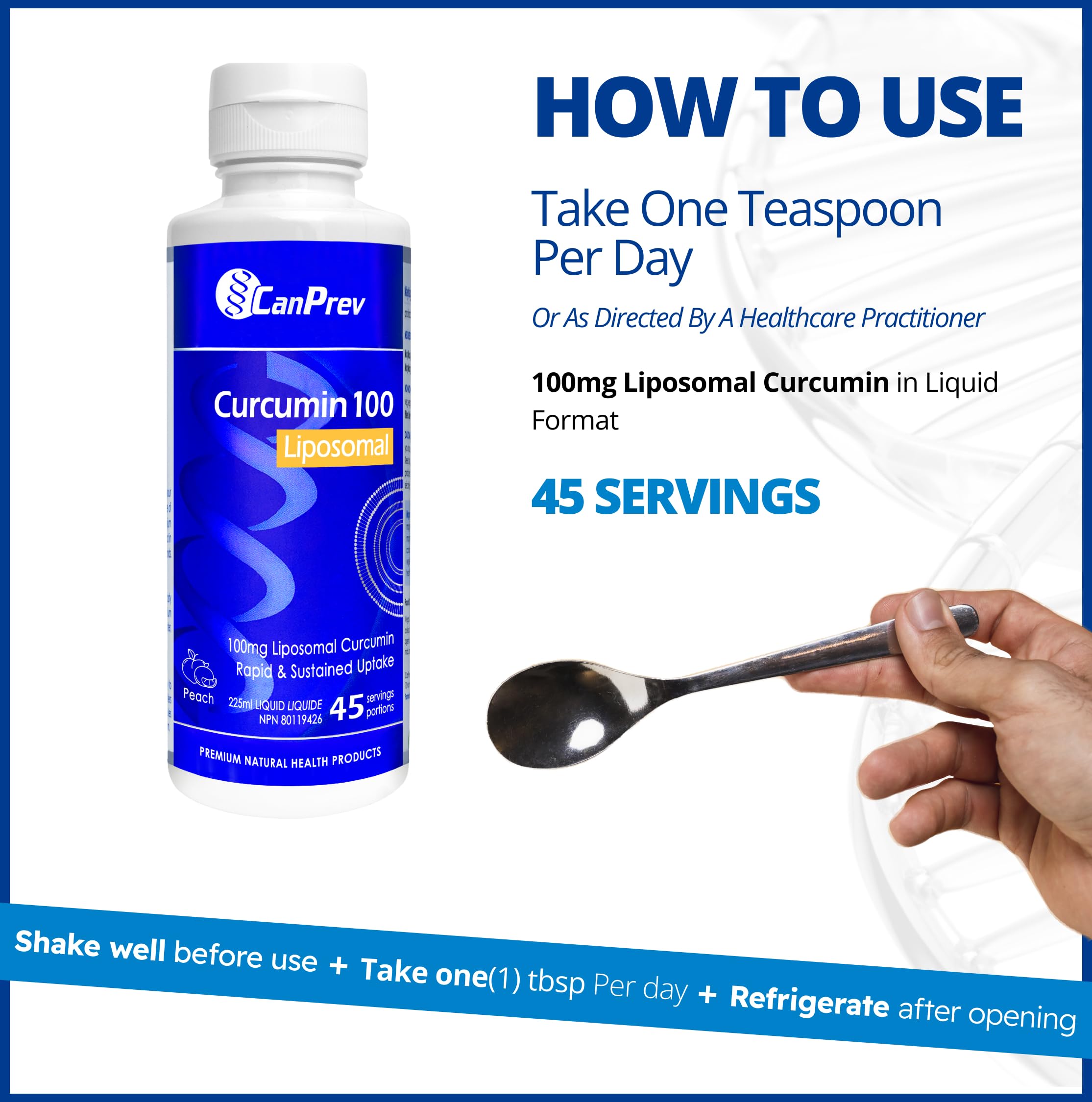 CanPrev - Curcumine 100 Liposomale, 225 ml Liquide 45 Portions - Végétalien, Sans OGM & Sans Gluten - Fournit des Antioxydants - Absorption Rapide et Soutenue - Soutien Articulaire - Délicieuse Saveur de Pêche