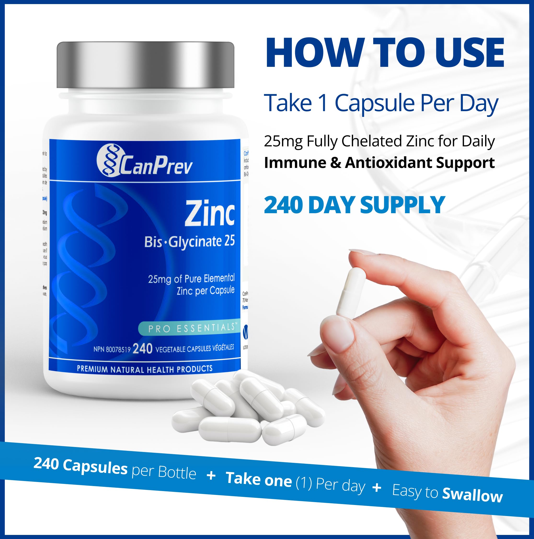 CanPrev Zinc Bis-Glycinate 25mg de zinc élémentaire pur par capsule - Produits de Santé Naturels