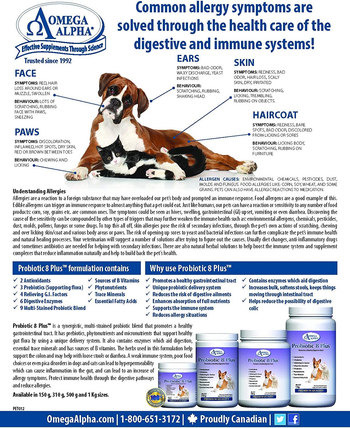 Omega Alpha Probiotic 8 Plus Poudre pour Chiens et Chats, Probiotiques pour Chiens - Soutient la Santé Intestinale, Améliore le Bien-être Digestif, la Santé des Yeux, des Dents et des Gencives, Formulé par des Vétérinaires, Fabriqué au Canada
