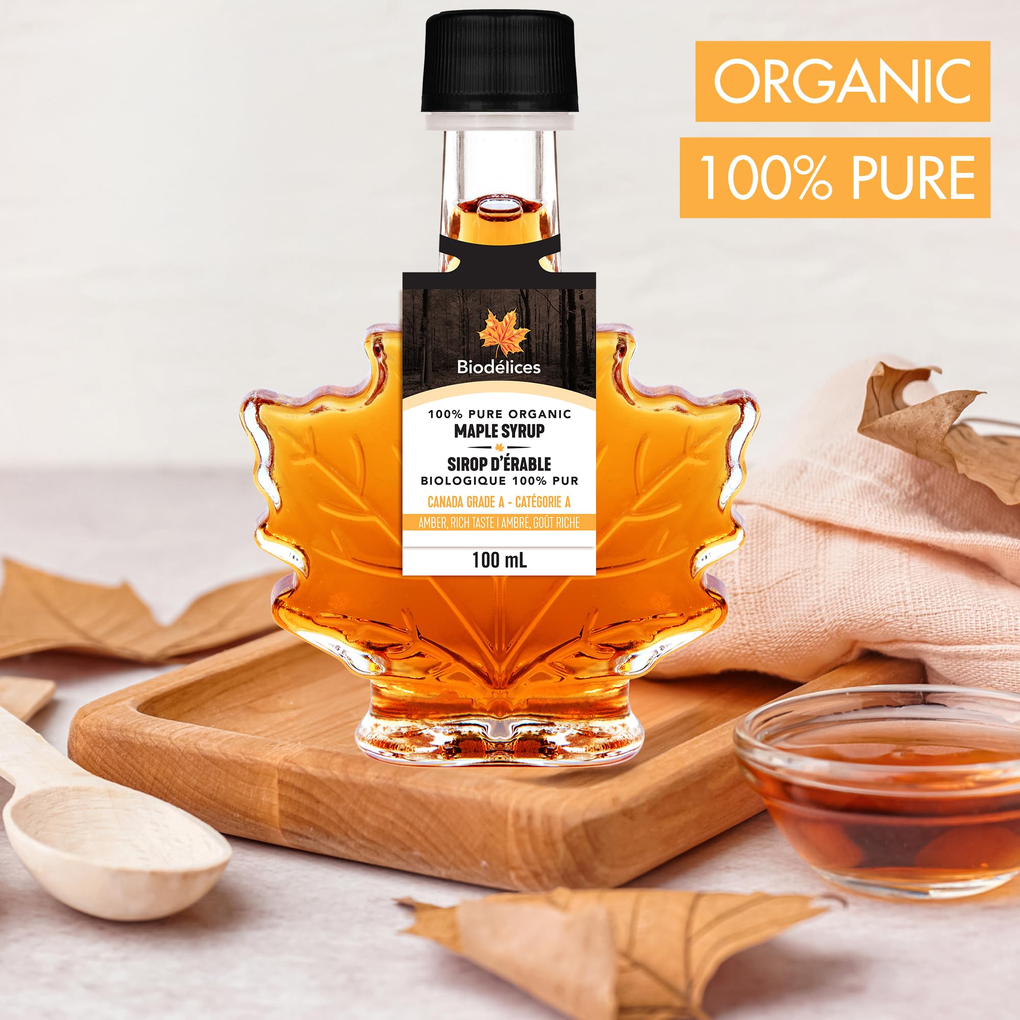 Biodélices 100% Pure Organic Maple Syrup - Grade A - Quebec's Finest in Elegant Maple Leaf Bottle
