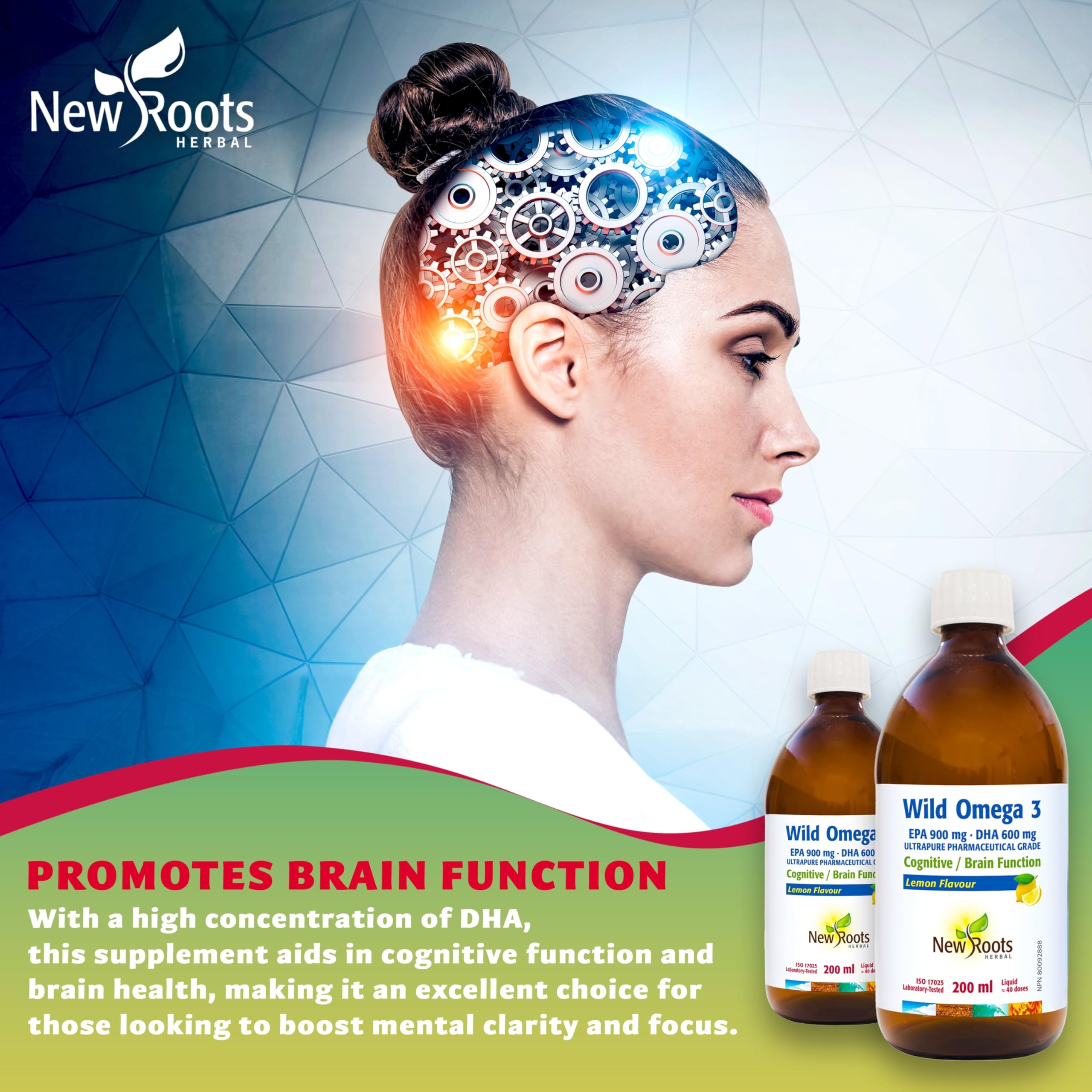 New Roots Herbal - Oméga-3 Sauvage AEP 900mg ADH 600mg, Saveur Citron, 200ml 40 Portions - Supplément d'Huile de Poisson Liquide d'Acides Gras Oméga-3 - Aide à Soutenir la Santé Cognitive, les Yeux, les Nerfs et la Fonction Cérébrale