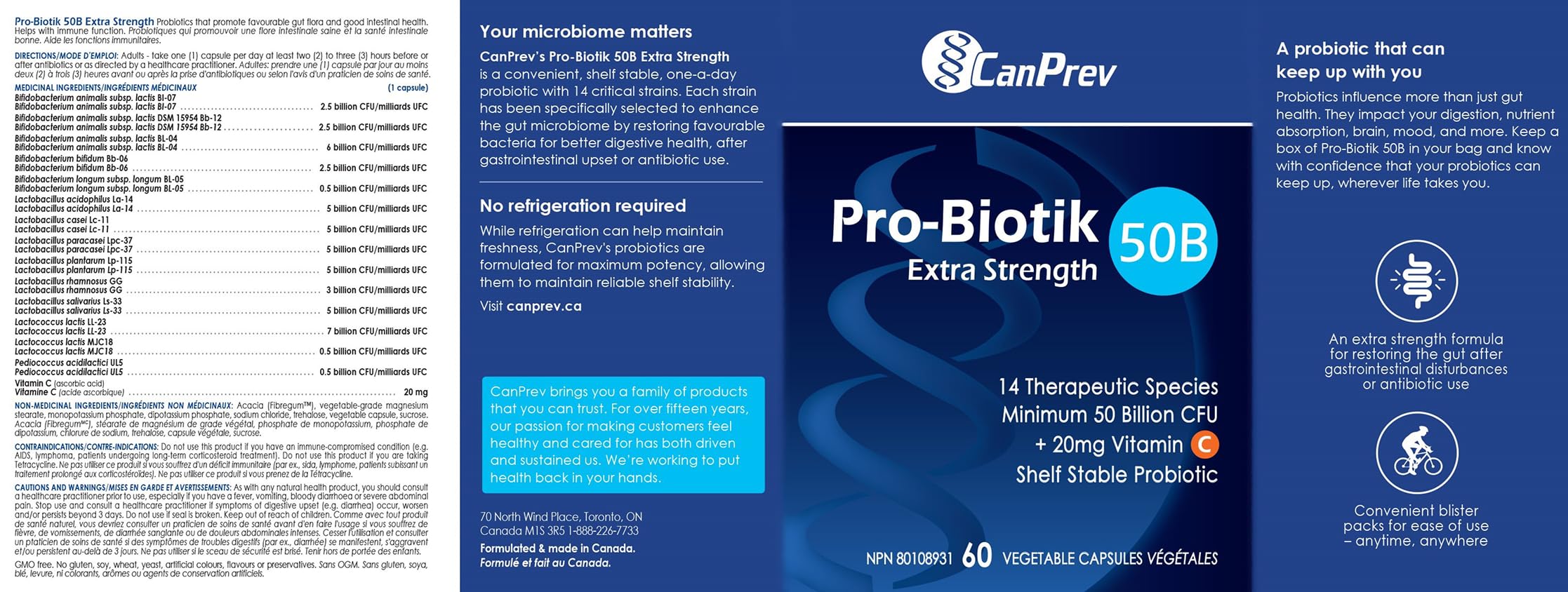 CanPrev - Pro-Biotik 50B Extra Strength - Helps to Support Immune Function and Promote a Favorable Gut Flora - Helps Support Intestinal Gastrointestinal Health